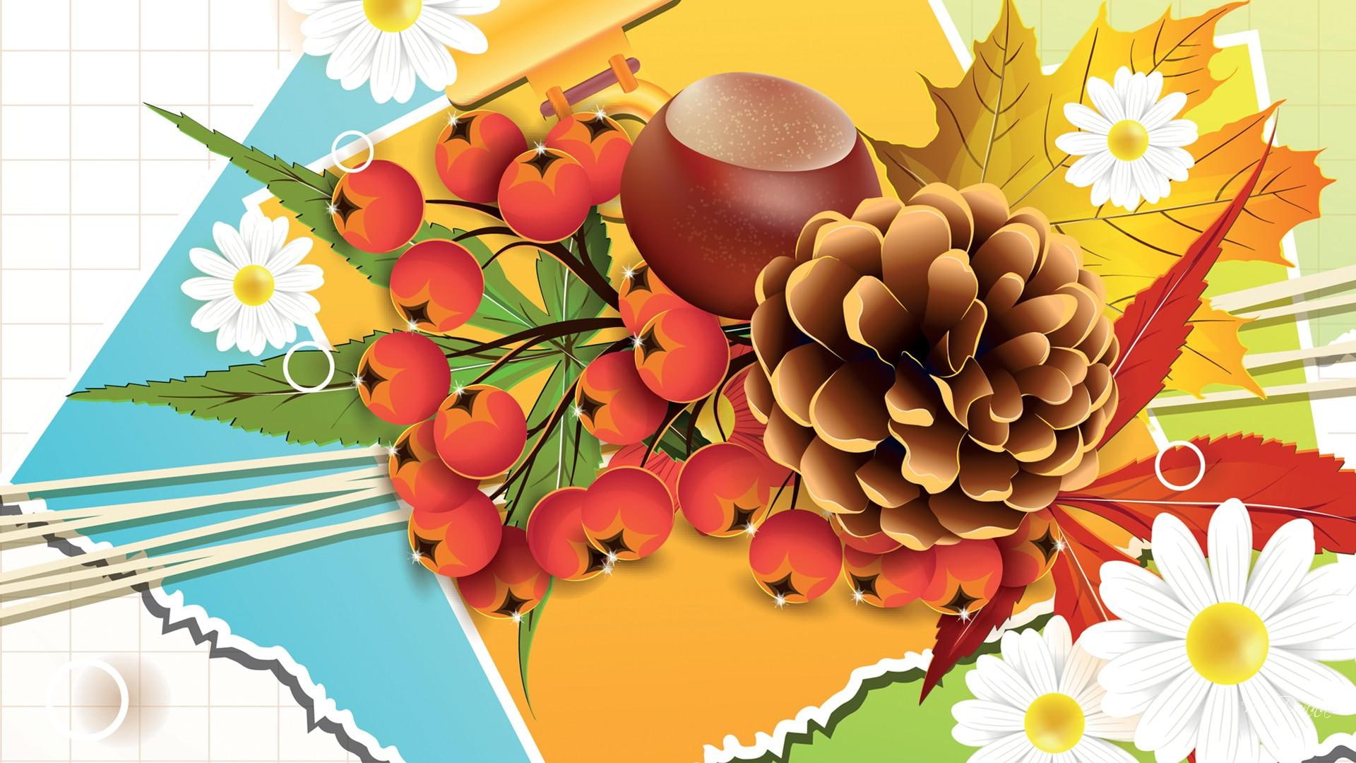 daisies, bright, flowers, acorn, fall, pape, 1080P, fleurs, pine cone, berries, colorful, collage, abstract, HD Wallpaper