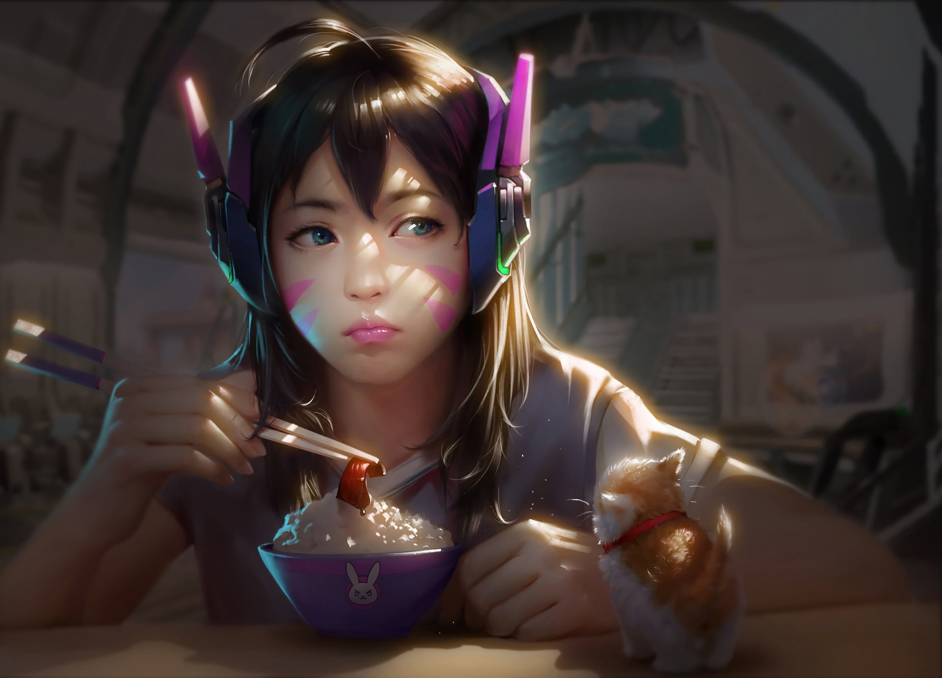 cats, D.Va (Overwatch), bowls, long hair, Overwatch, video games, eating, artwork, looking away, blue eyes, digital art, Hana Song, video game characters, HD Wallpaper