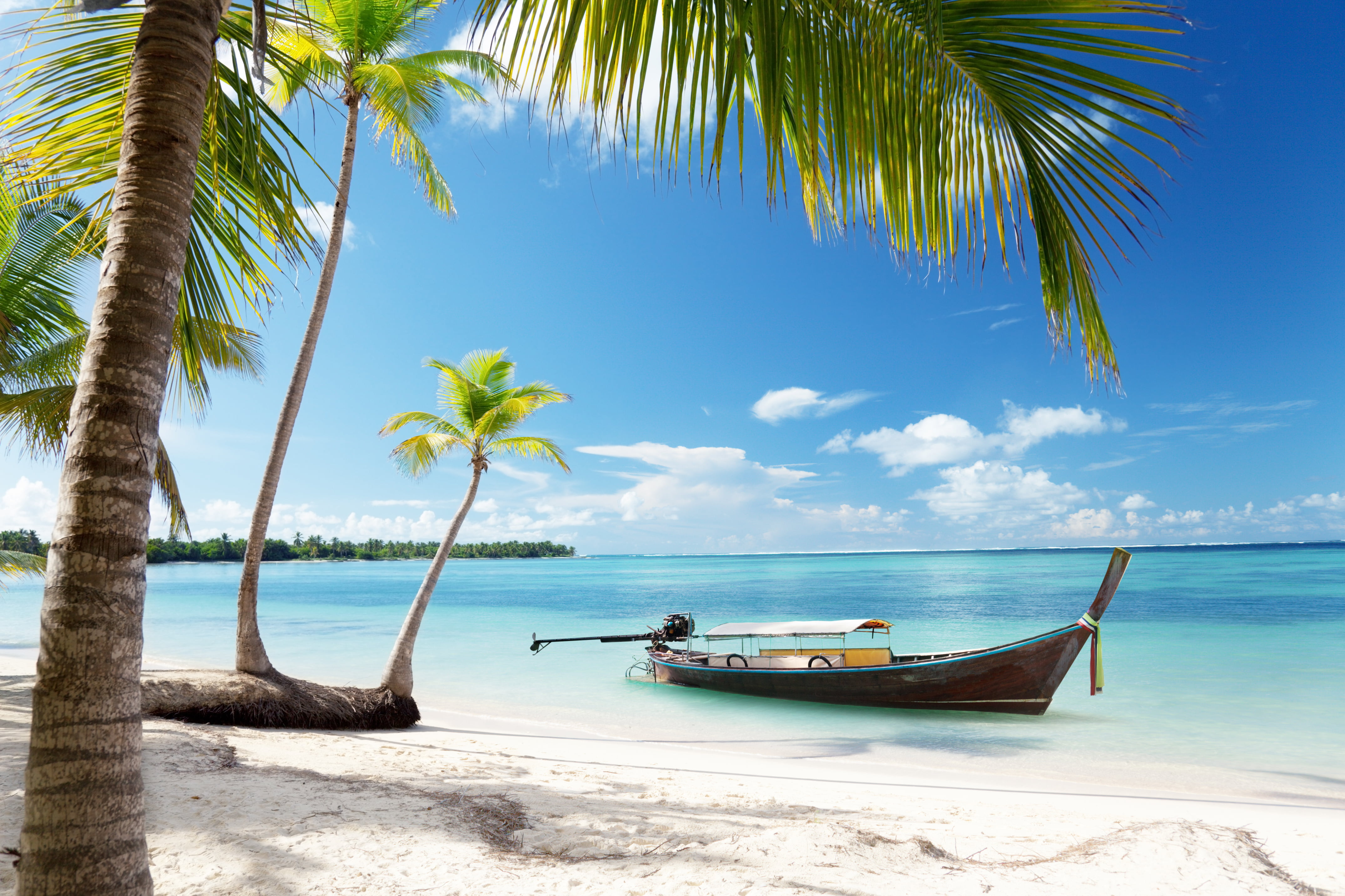 cloud - Sky, emerald, tranquility, boat, water, travel Destinations, seascape, wooden, shore, tropical Climate, coastline, coast, sand, summer, outdoors, HD Wallpaper