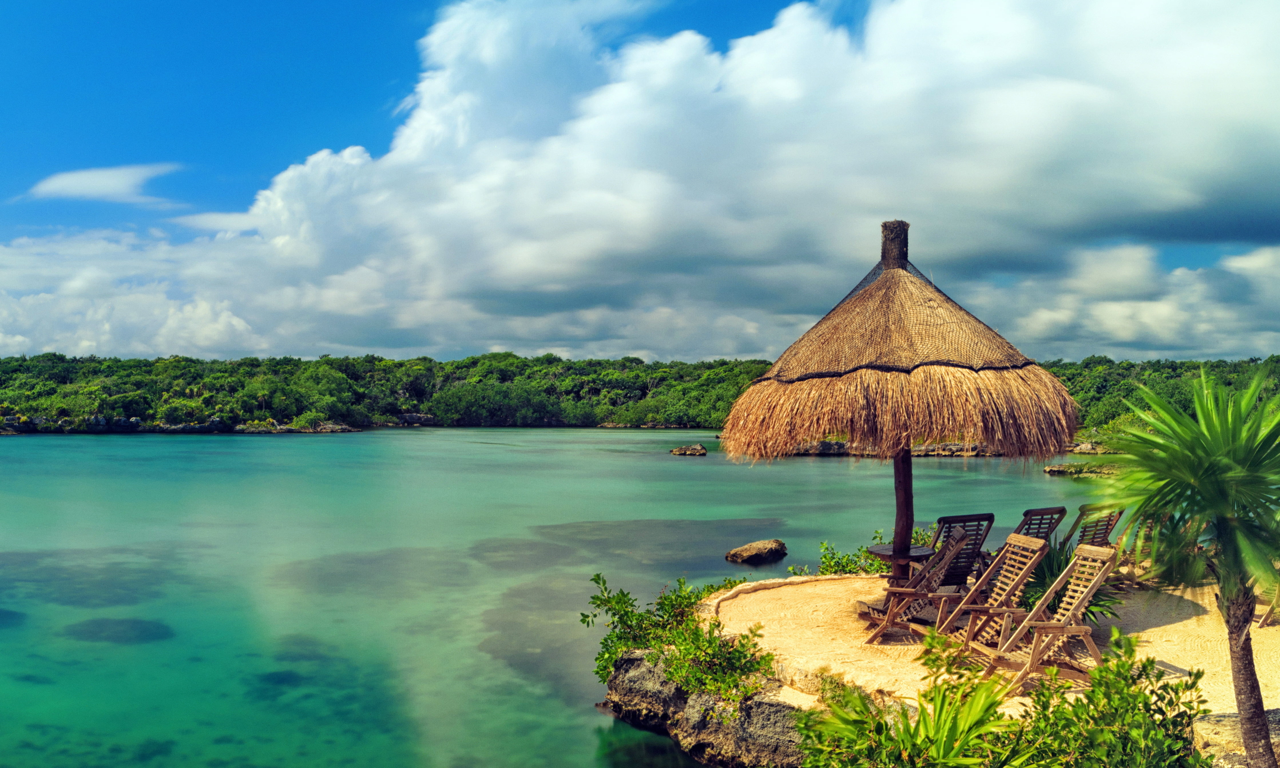 luxury, green color, 4K, plant, tree, vacations, roof, lagoon, emerald, thailand, tranquility, brown, island, sand, seascape, land, water, hut, the sun, HD Wallpaper