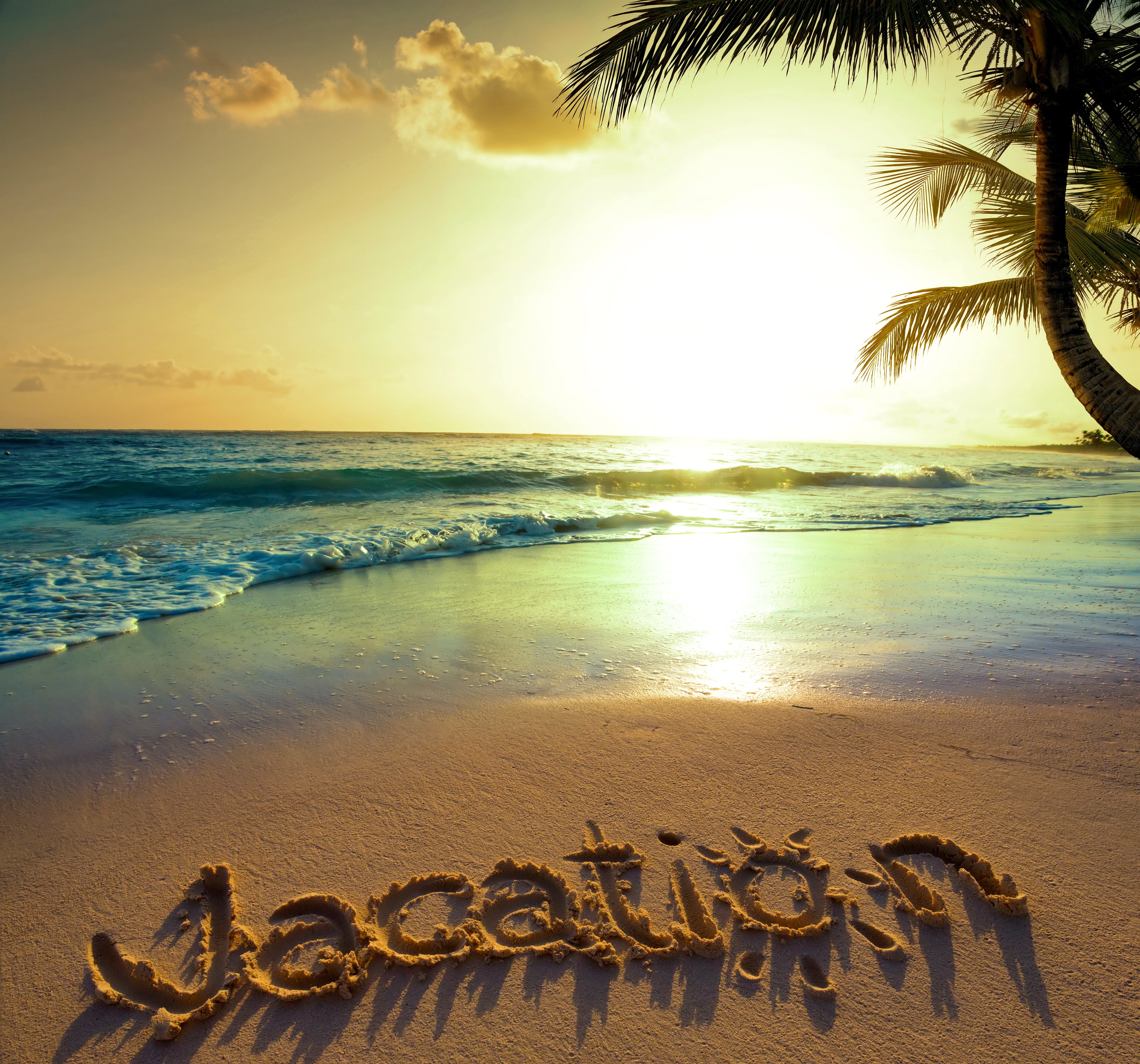 horizon, blue, cloud - Sky, coconut, 5K, sea, sunset, coastline, sunlight, tropical Climate, island, tropics, sun, sky, outdoors, the sun, tropical, western script, HD Wallpaper