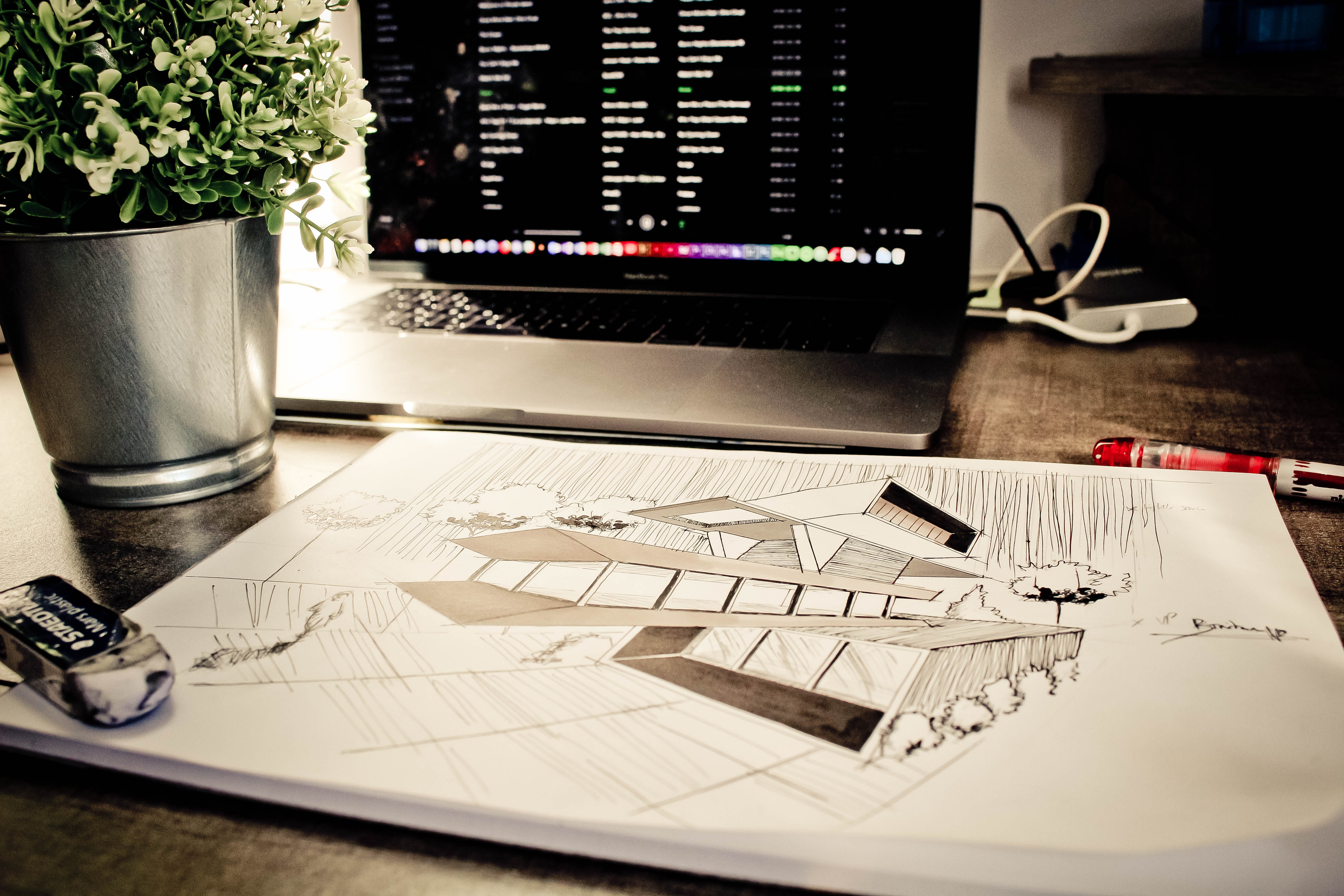paper, potted plant, drawing, sketch, table, display, house, creativity, office, draw, no people, paperwork, plant, writing, communication, data, planning, HD Wallpaper