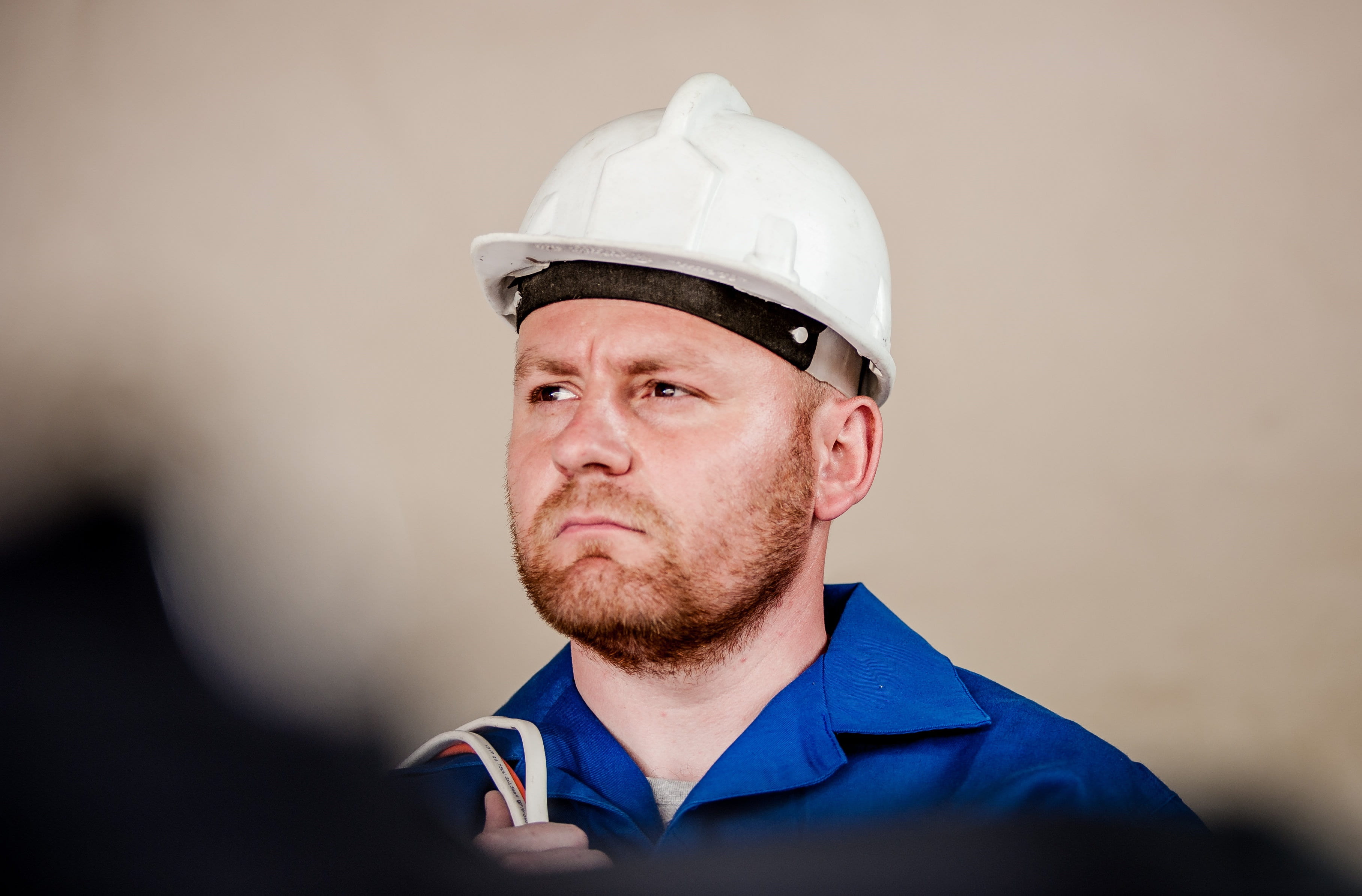 electrician, pro, business, headshot, industry, hat, mature men, 2K, portrait, building, industrial, indoors, worker, the production of, electric, beard, HD Wallpaper