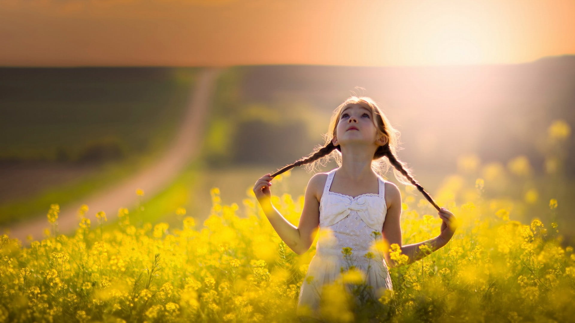 young adult, yellow, smile, person, rural scene, summer, sky, adult, human, hairstyle, long hair, lifestyle, flowering plant, 1080P, pattern, grass, design, HD Wallpaper