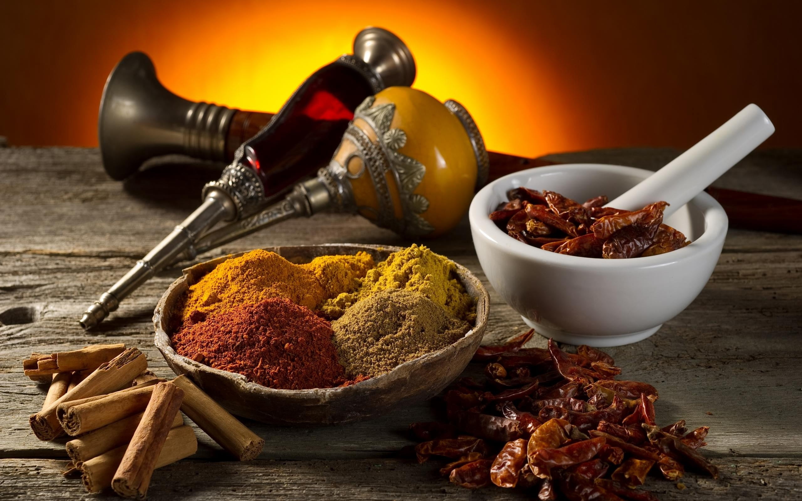 brown, variation, paprika, dry, spices, wood - Material, powders, dishes, cinnamon, red chili pepper, 2K, freshness, saffron, mortar and Pestle, pepper - Seasoning, HD Wallpaper