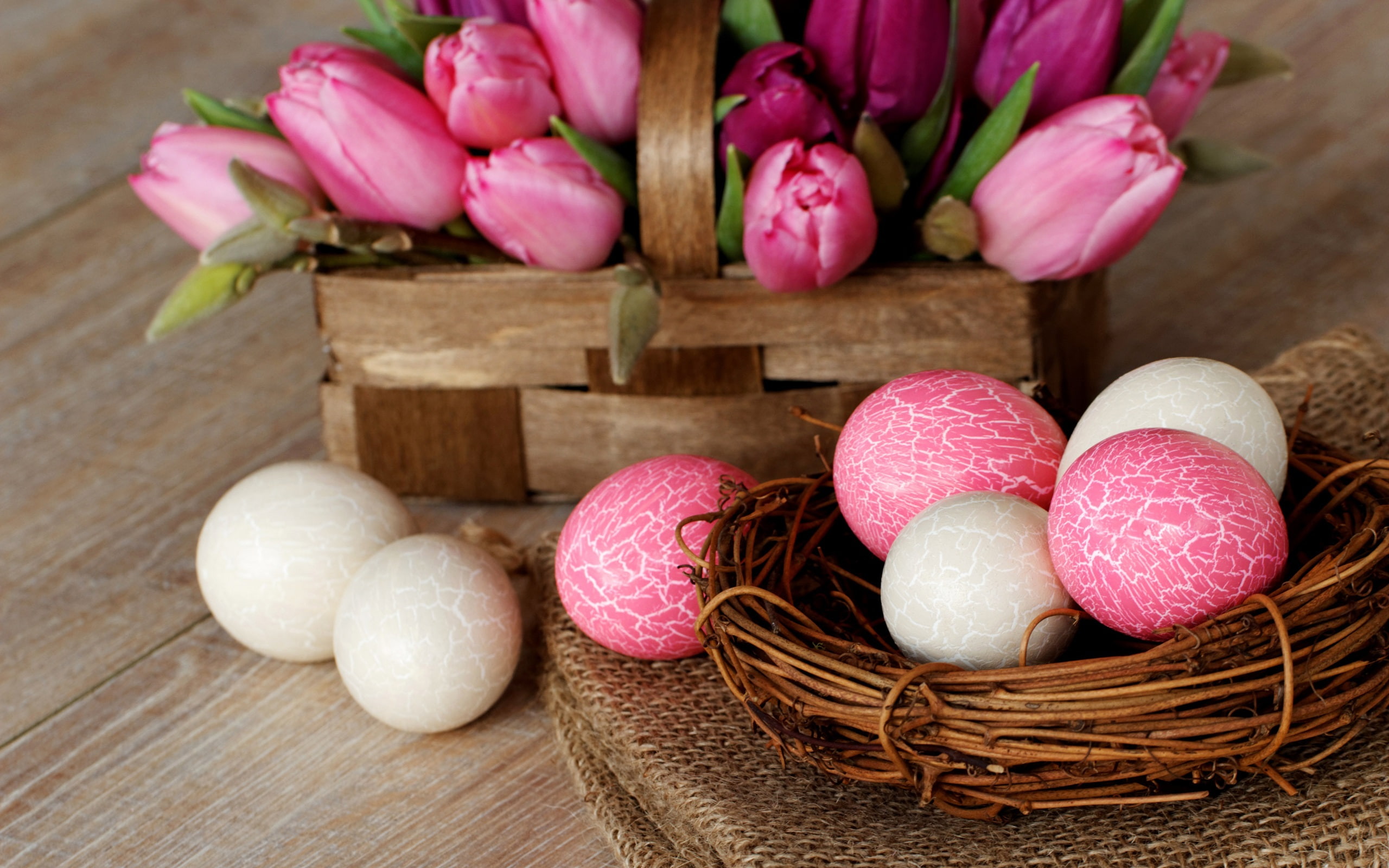 Tulip, Flowers, Basket, Easter, Nest, 2K, Pink, Eggs, White, HD Wallpaper