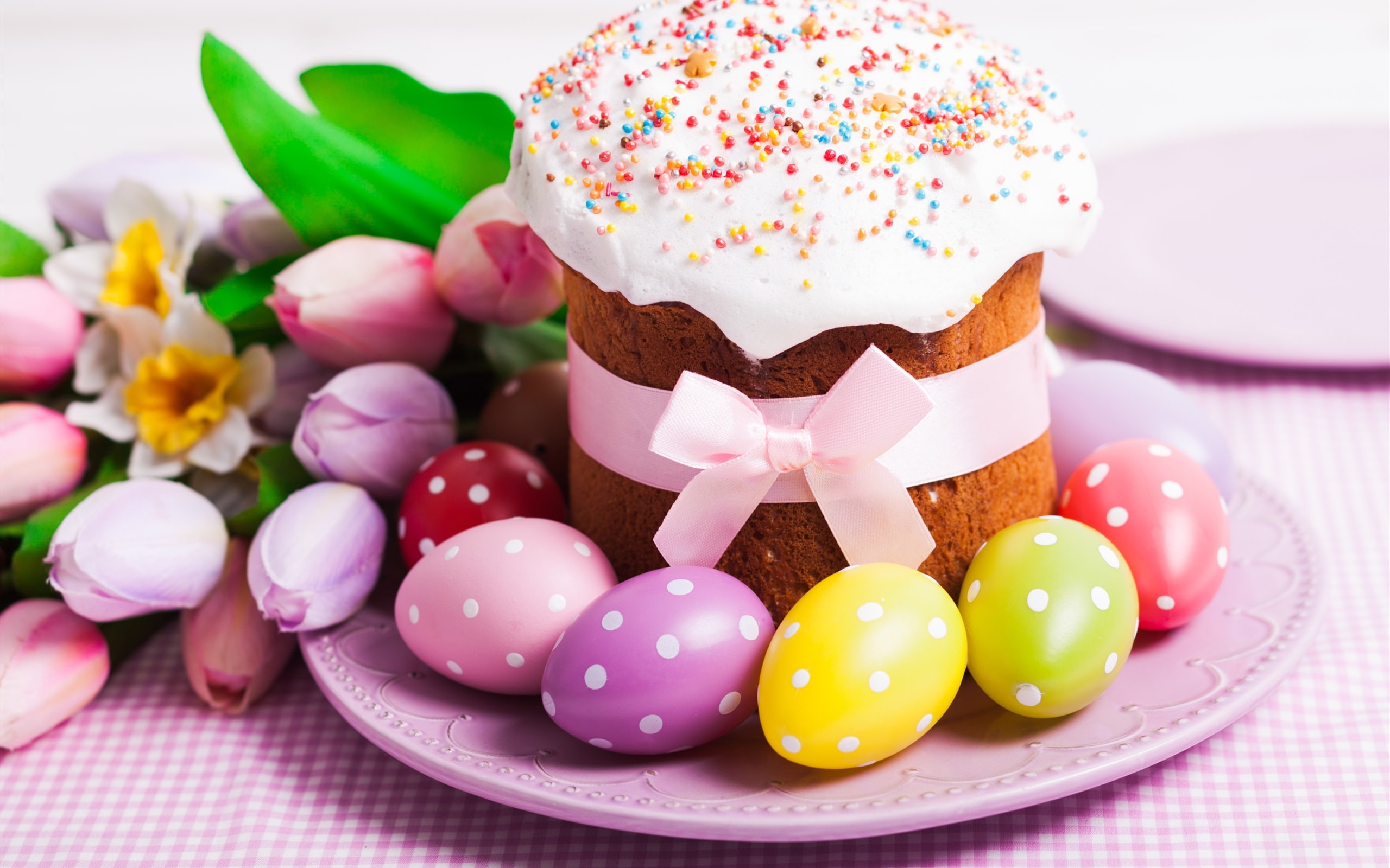 Eggs, 2K, Easter, Tulips, Colorful, Cake, HD Wallpaper