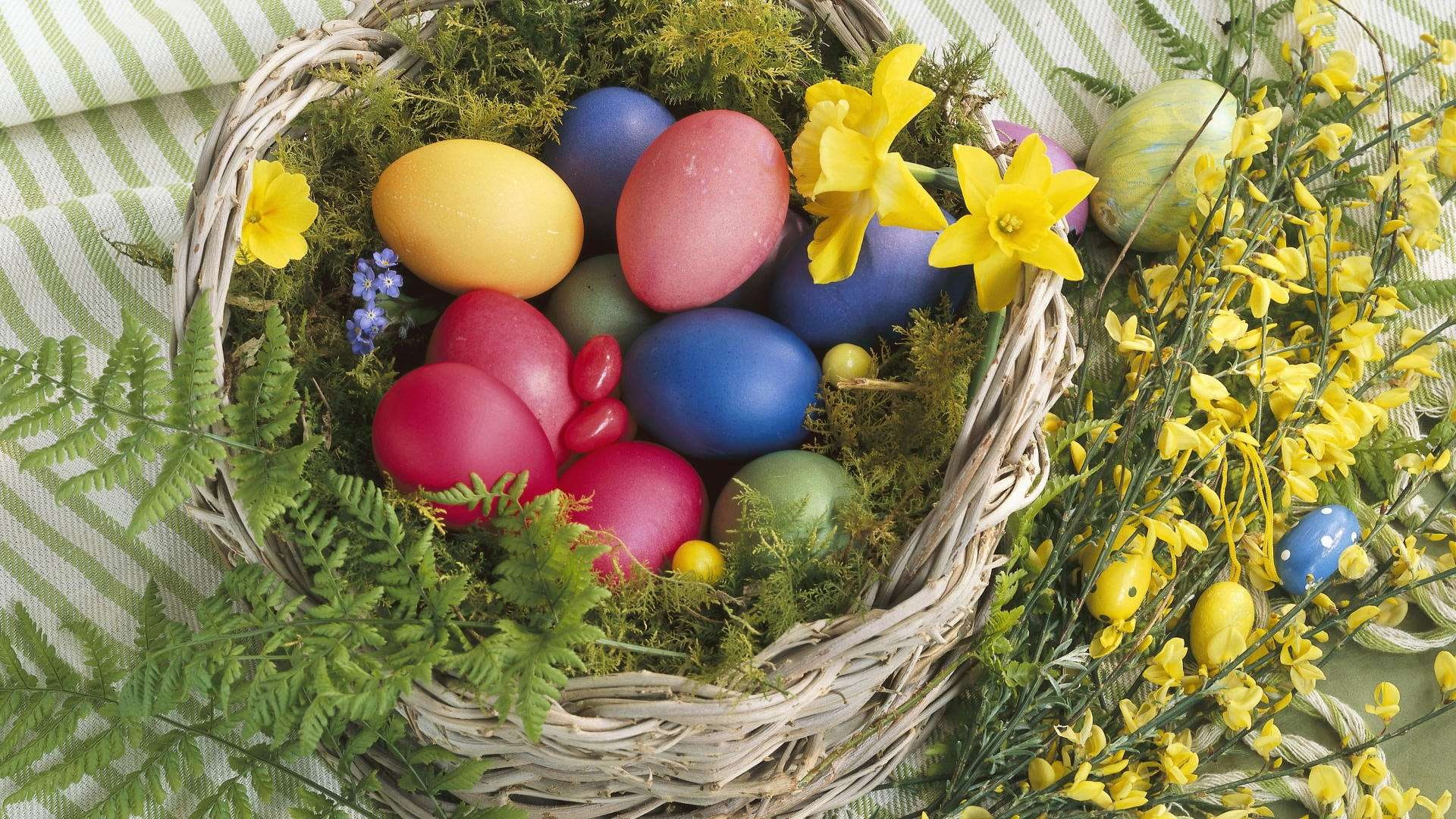 1080P, hd, easter, nature, eggs, basket, flowers, colorful, HD Wallpaper