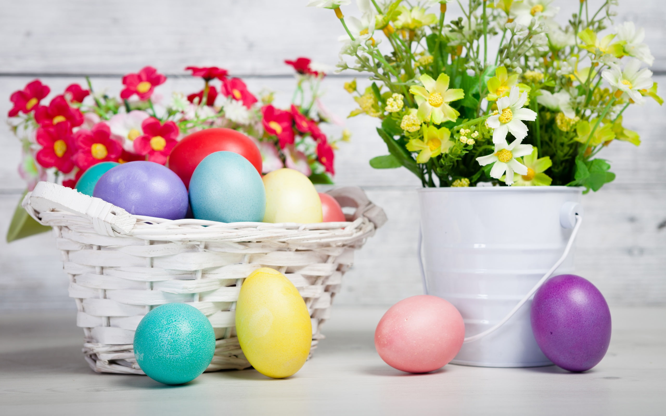Basket, Holiday, Flowers, Eggs, 2K, Easter, HD Wallpaper