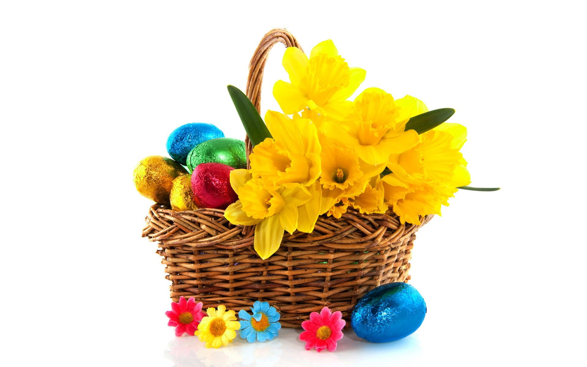 wicket, green, resurrection, blue, 1080P, flowers, eggs, basket, brown, yellow, flower, Easter, petaled, HD Wallpaper