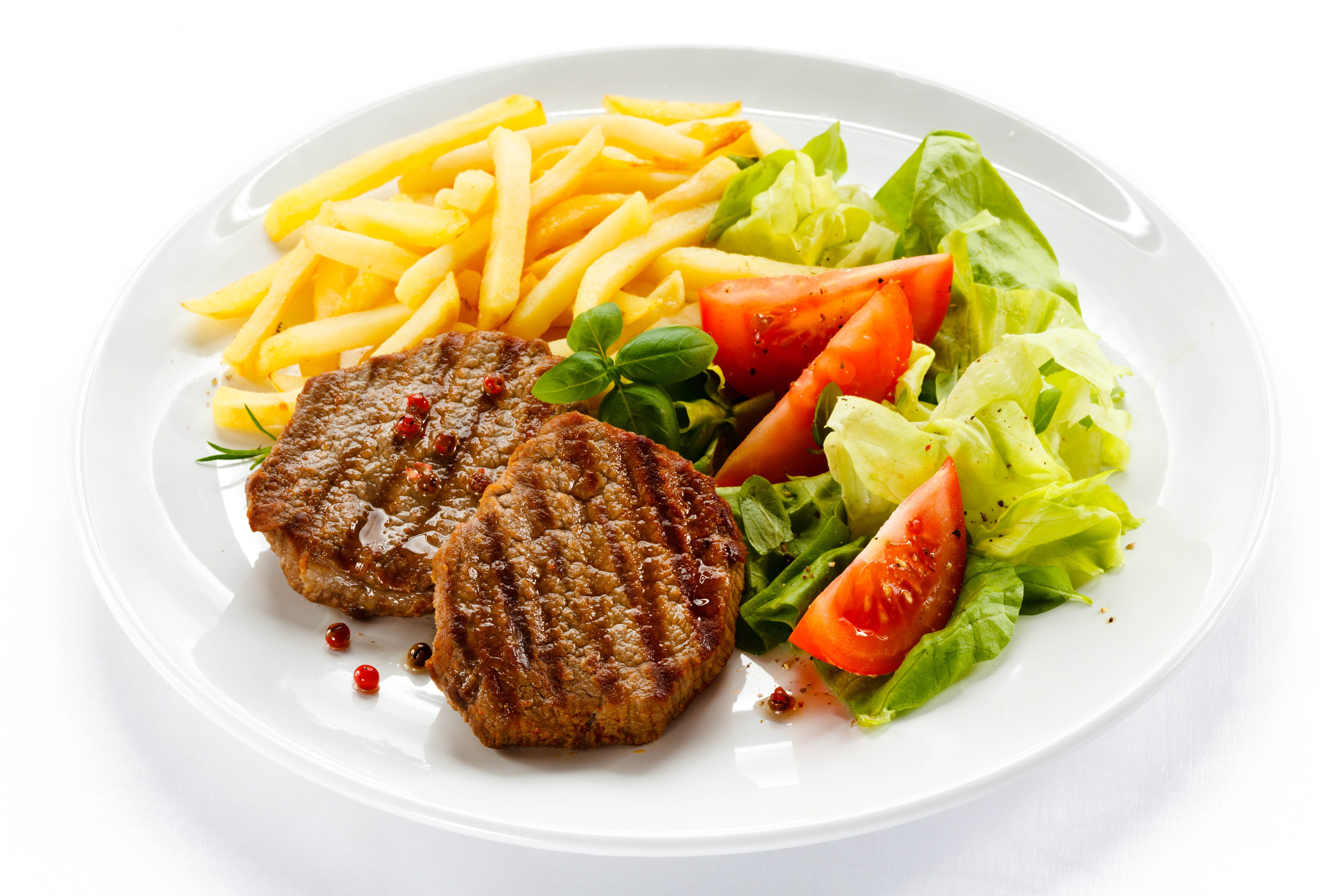 vegetables, white background, chops, 5K, meat dishes, salad, potatoes, plate, HD Wallpaper