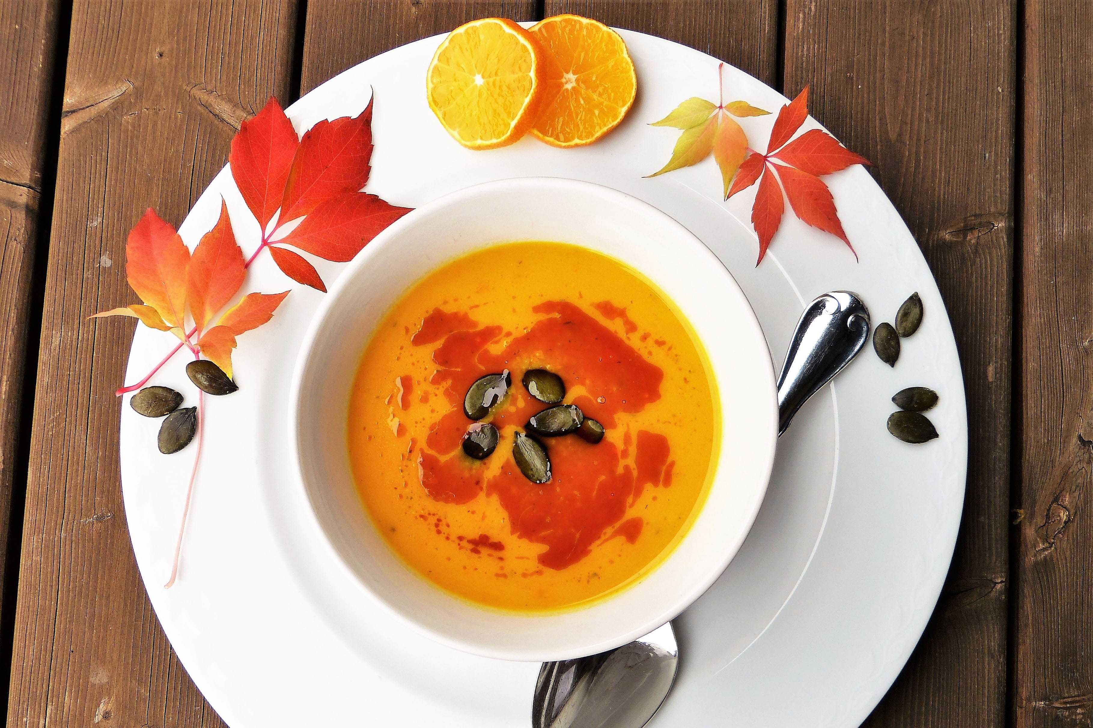 soup, crockery, temptation, yellow, no people, 2K, directly above, shot, fall, dinner, healthy Eating, orange Color, table, meal, healthy, wellbeing, serving size, HD Wallpaper