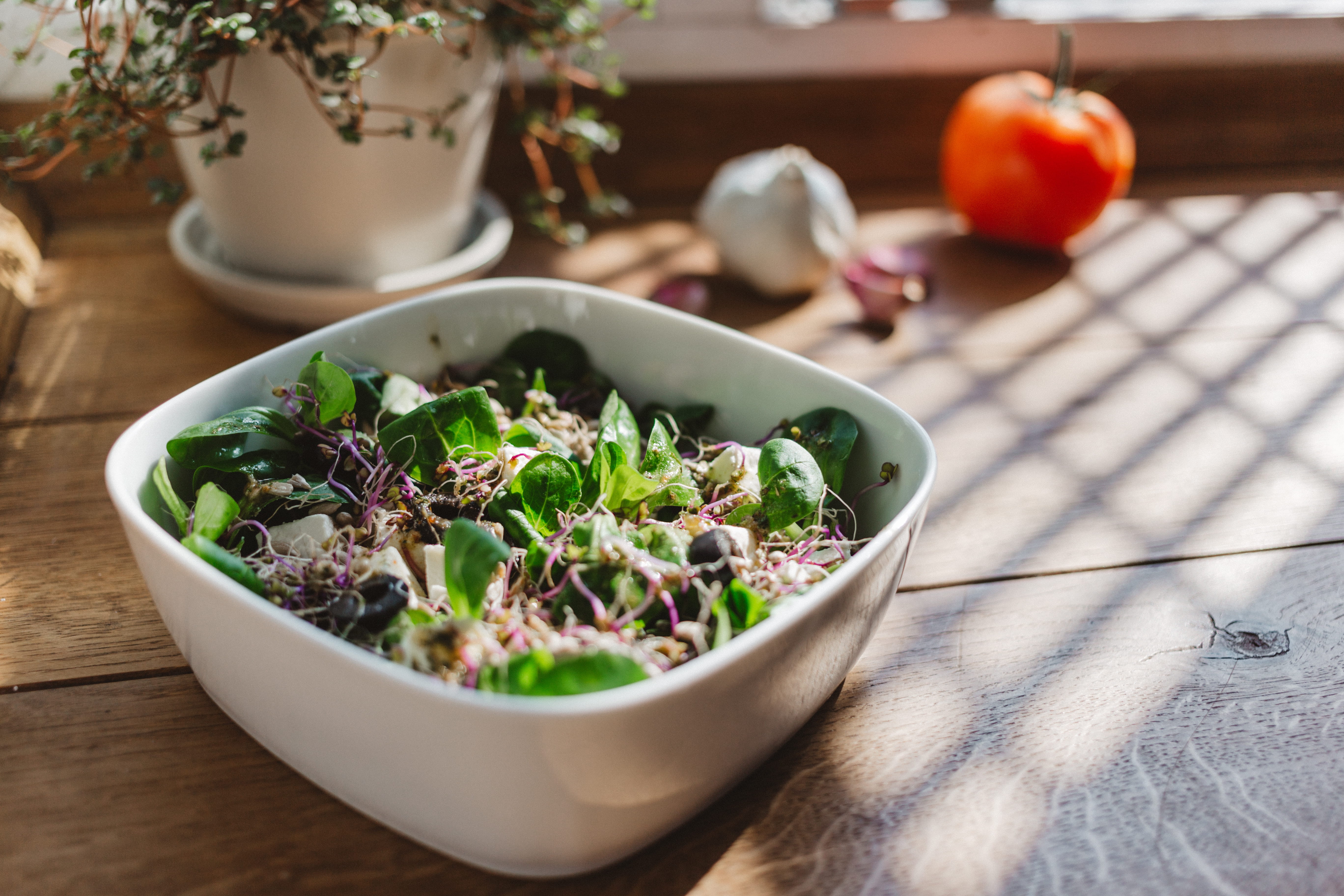 crockery, selective focus, bowl, salad, herb, wellbeing, vegetarian food, leaf, indoors, wood - material, freshness, table, nature, Summer, ready-to-eat, HD Wallpaper