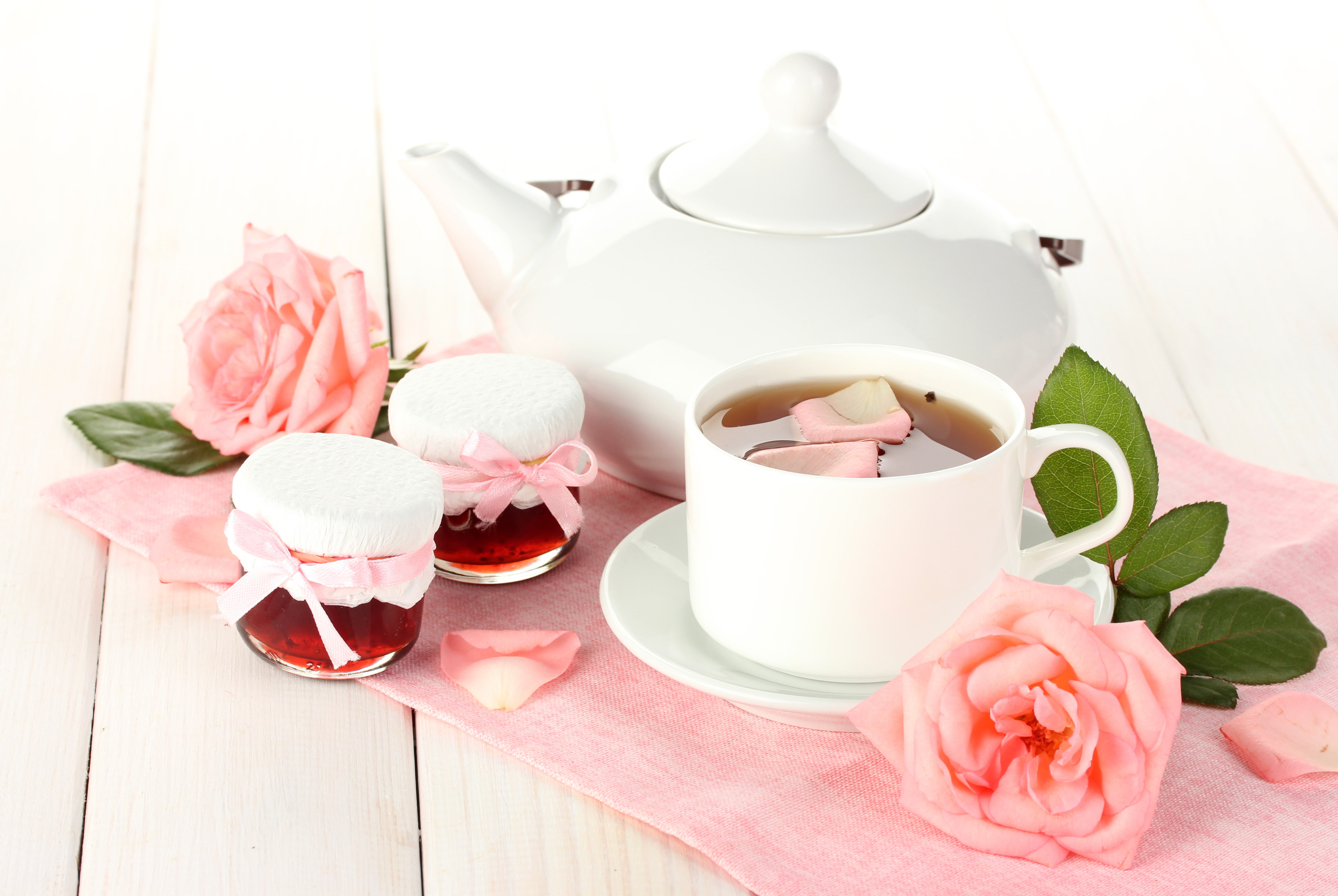 jars, tea, saucer, single Flower, no people, gourmet, petals, afternoon Tea, tea - Hot Drink, white color, wood - Material, crockery, porcelain, plant, HD Wallpaper