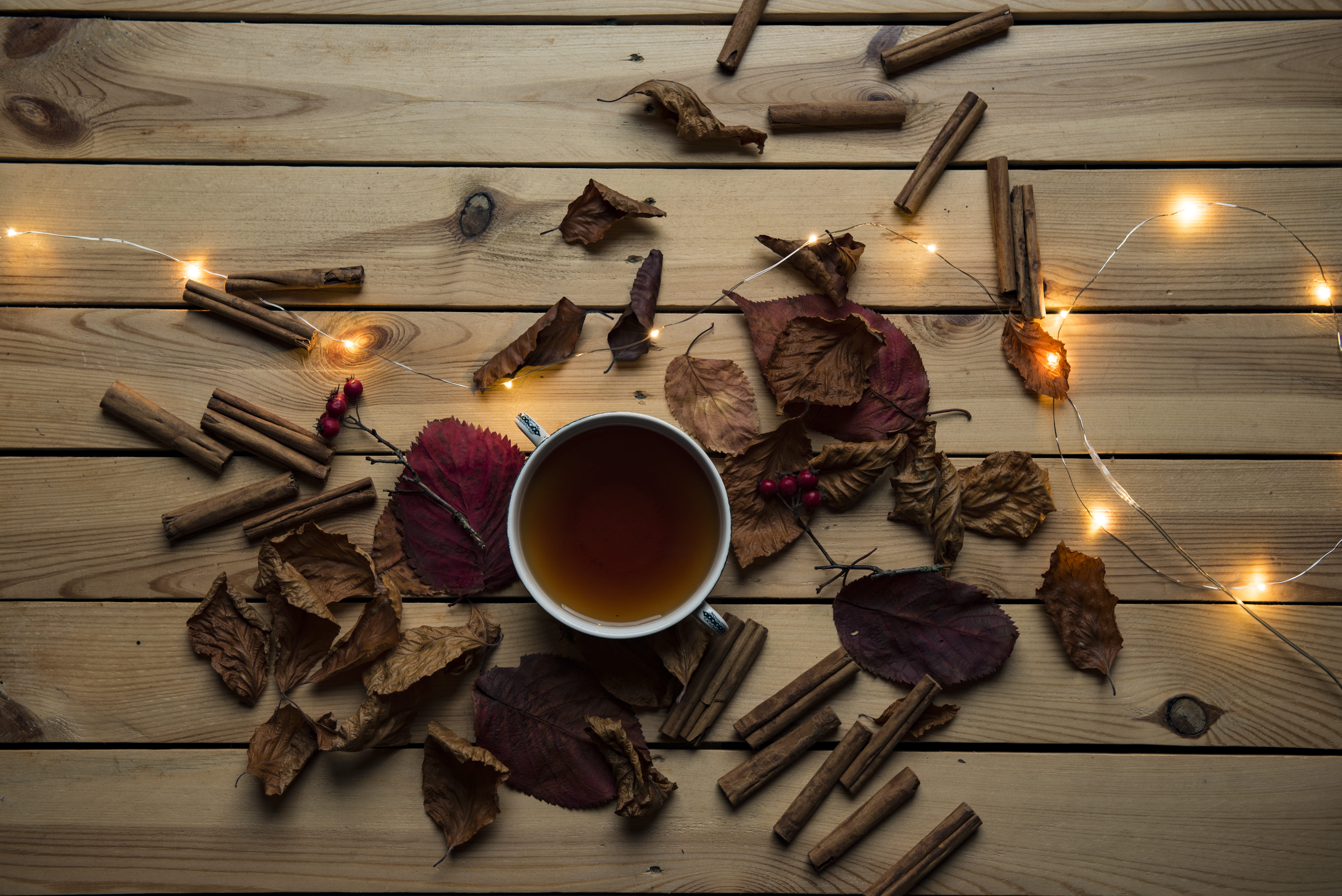 ceramic, mug, 5K, photo, top, plant, illuminated, high angle view, leaves, white, tea cup, wood - material, table, cinnamon, view, hot drink, nature, tea, HD Wallpaper