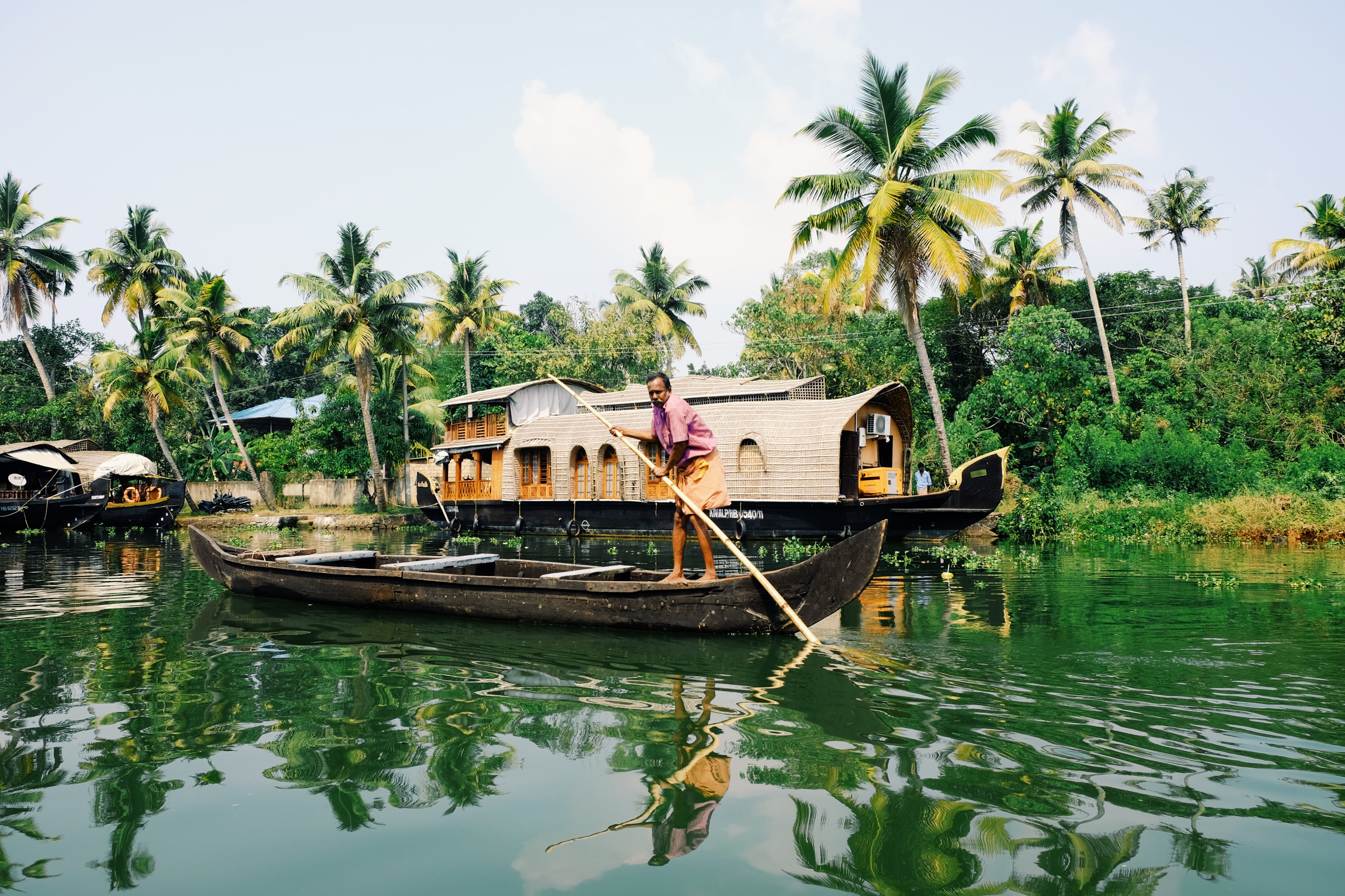 no people, house boat, 4K, day, coconut palm tree, canoe, oar, plant, waterfront, boathouse, male, man, backwater, outdoors, houseboat, transportation, HD Wallpaper