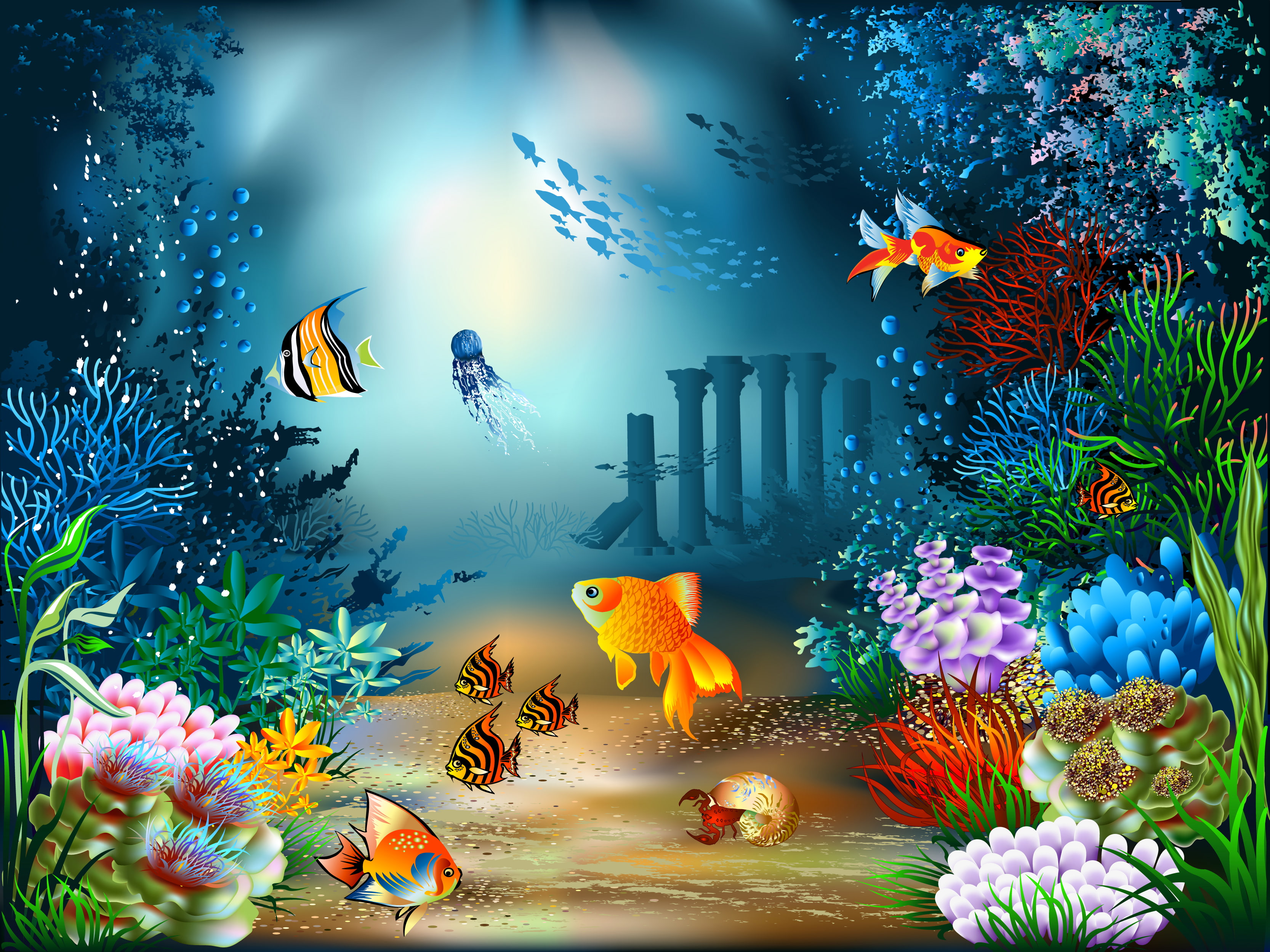 tropical Fish, aquatic, shell, marine, tropical Climate, group of animals, sea, the bottom, deep, wildlife, outdoors, animal wildlife, plant, large group of animals, HD Wallpaper