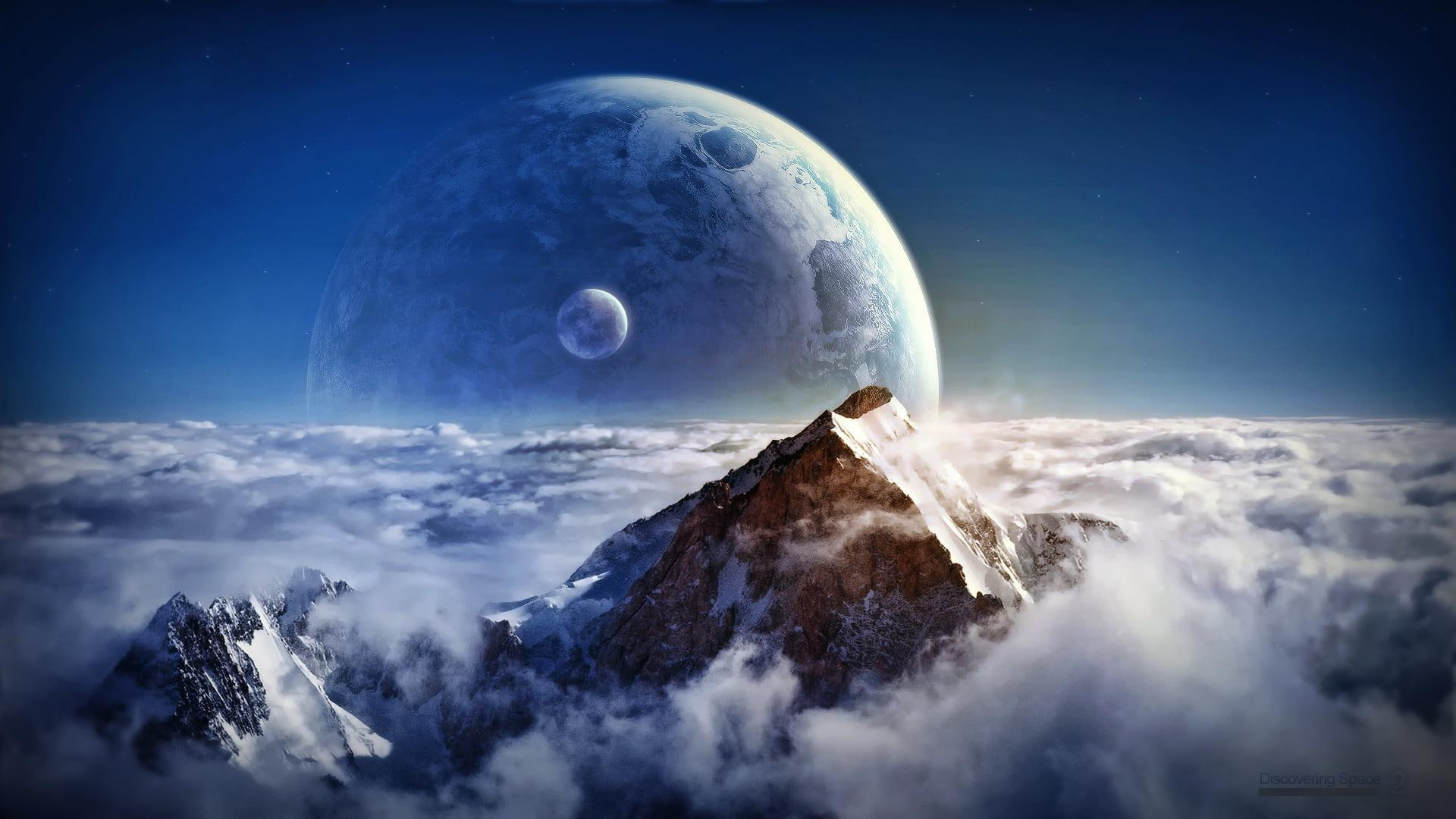3d and abstract, peak, 1080P, moon, discovering, space, planets, clouds, HD Wallpaper