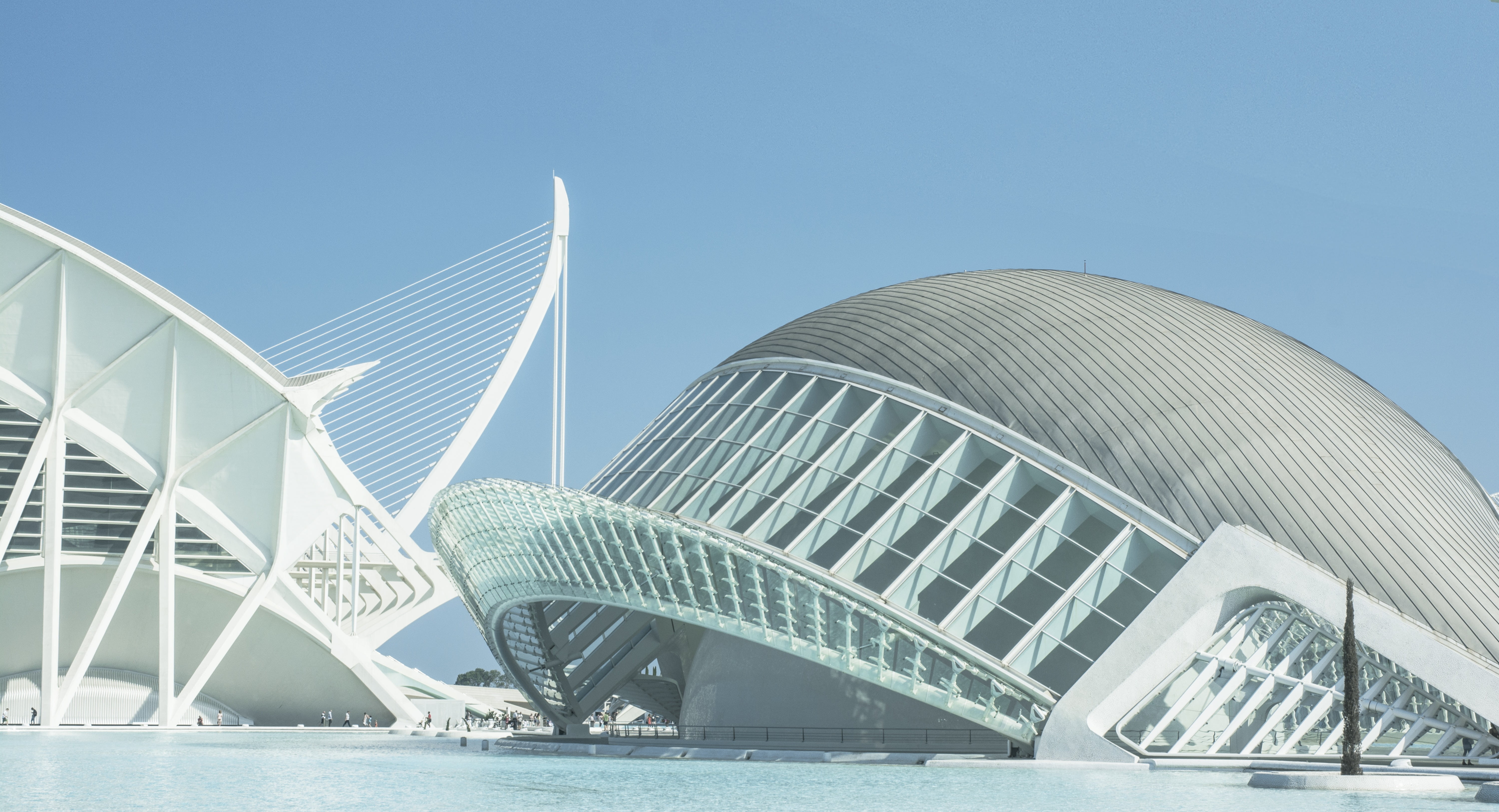 daytime, cityscape, famous Place, dome, travel, transportation, city of arts and sciences, reflections, modern building, sky, arena, pool, building, nature, HD Wallpaper
