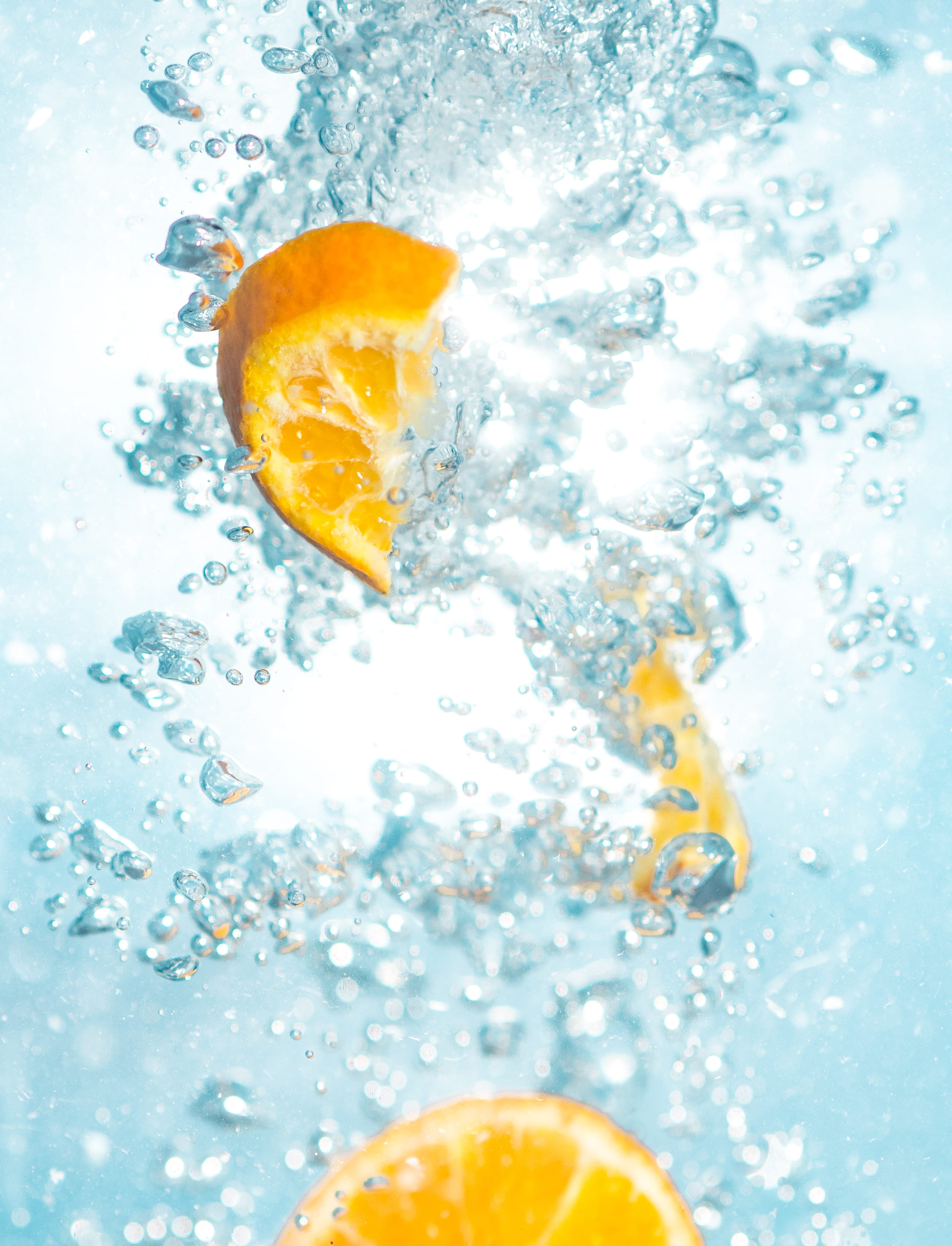 bubble, citrus, water, food, fruit, splashing, drink, egg yolk, close-up, citrus fruit, bubbles, food and drink, slice, orange color, nature, freshness, Phone HD Wallpaper