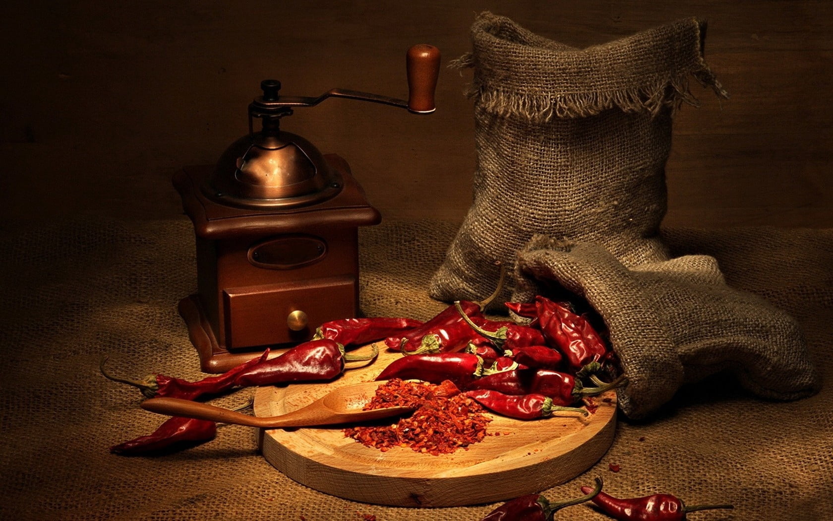 pepper - Seasoning, still life, coffee grinder, indoors, close-up, seasoning, seed, chili, wellbeing, wood - Material, pepper - Vegetable, freshness, garlic clove, HD Wallpaper