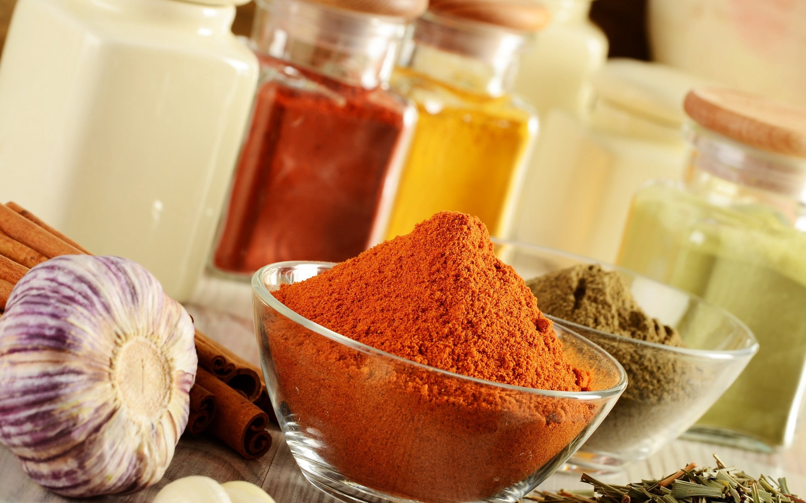spices, focus on foreground, ground - Culinary, clove, bowl, close-up, condiment, spice, variation, food, chili, container, 2K, red, paprika, powder, glass - material, HD Wallpaper