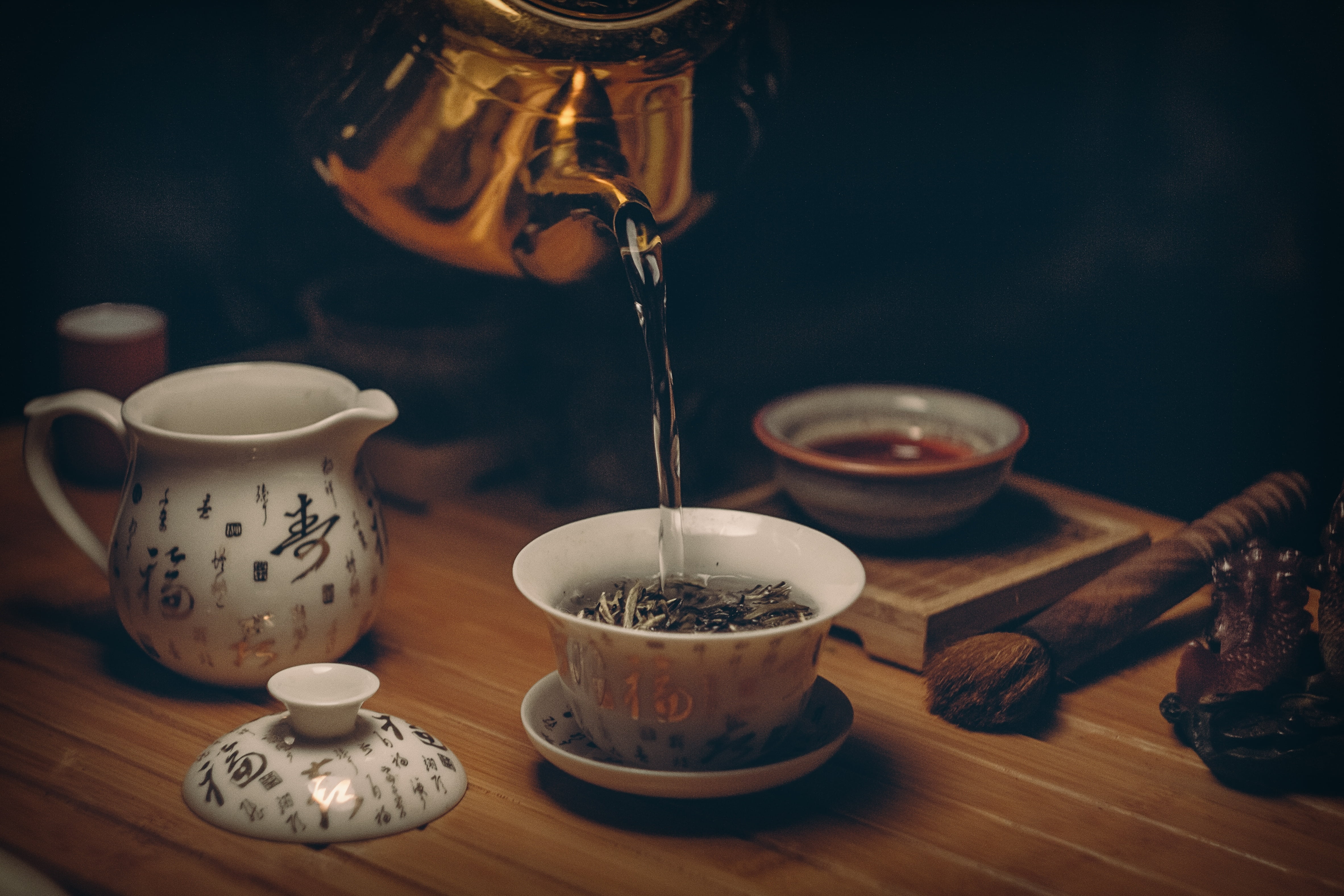 tea - hot drink, freshness, close-up, tea, ceramic, still life, porcelain, wood - material, saucer, hot, pouring, kettle, teacup, crockery, pour, kitchenware, HD Wallpaper