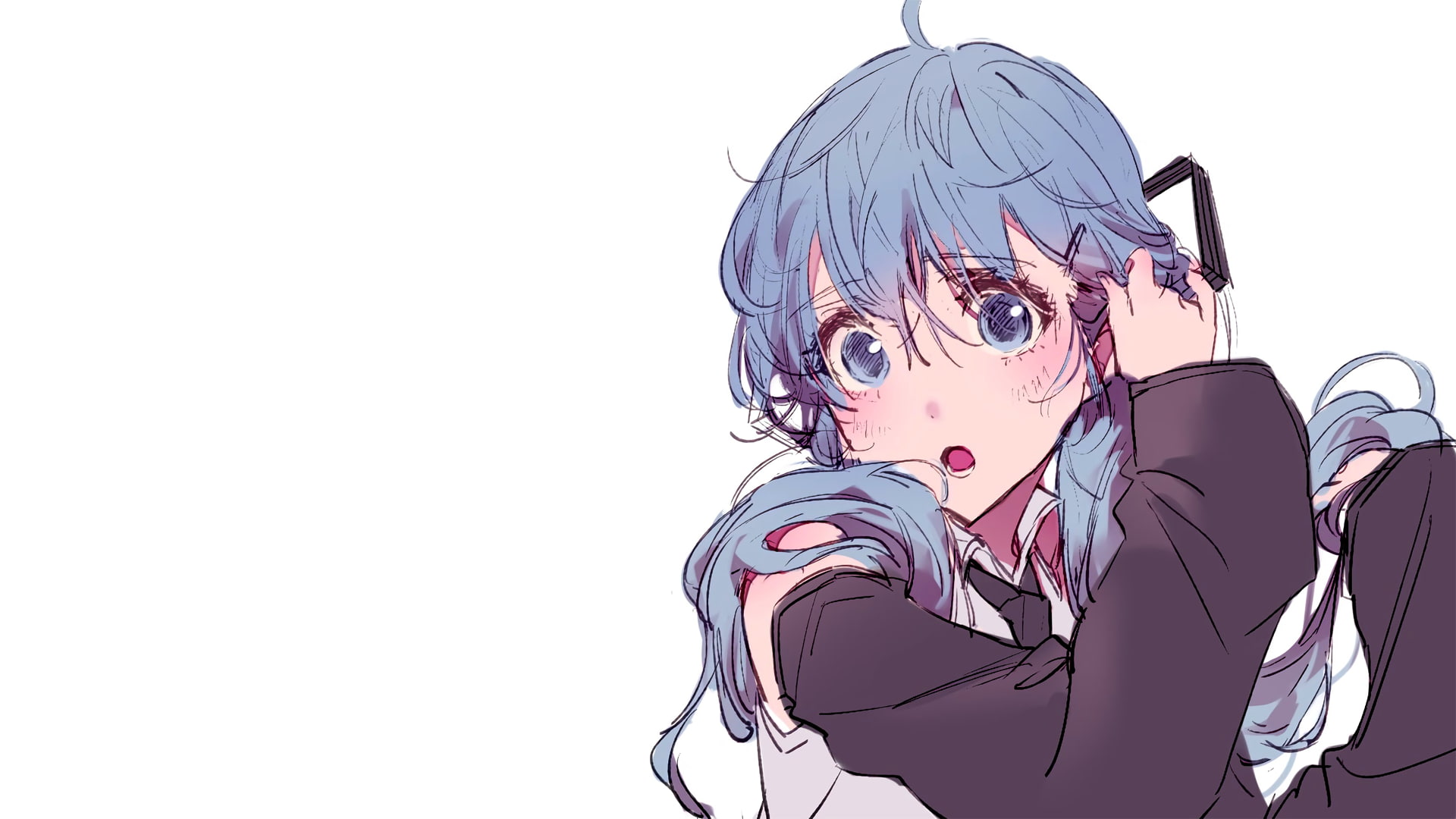 minimalism, closeup, anime, anime girls, simple background, blue hair, 1080P, open mouth, manga, HD Wallpaper