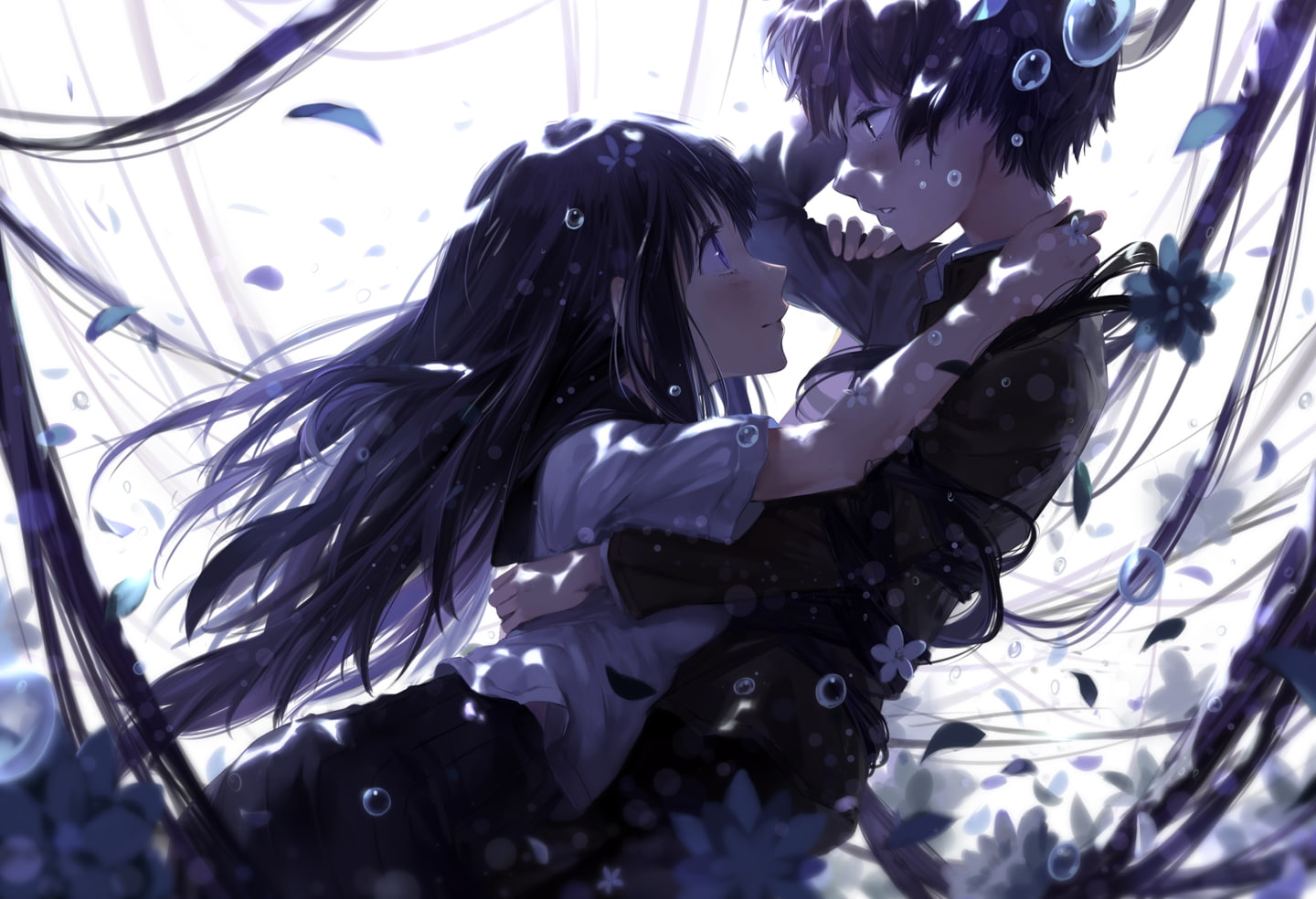 bubbles, eru, cici, black, 720P, tagme, Hyouka, oreki, houtarou, long, petals, chitanda, hair, flowers, HD Wallpaper