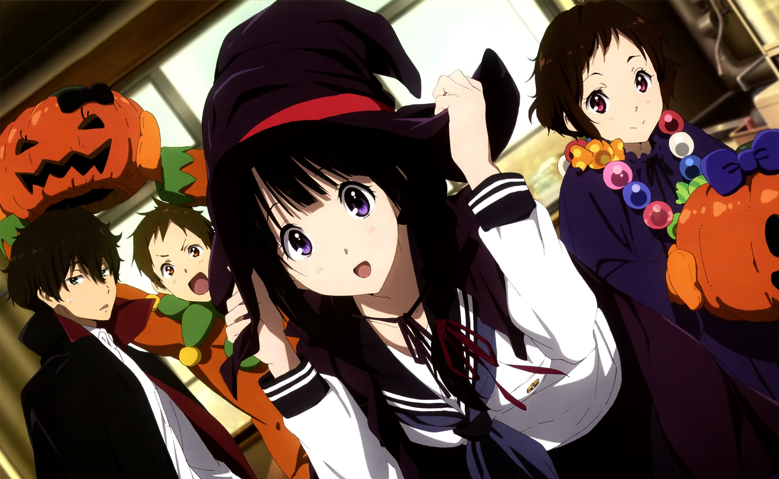 anime girls, costume, female likeness, representation, still life, Halloween, retail, variation, male likeness, close-up, creativity, anime boys, 2K, craft, HD Wallpaper