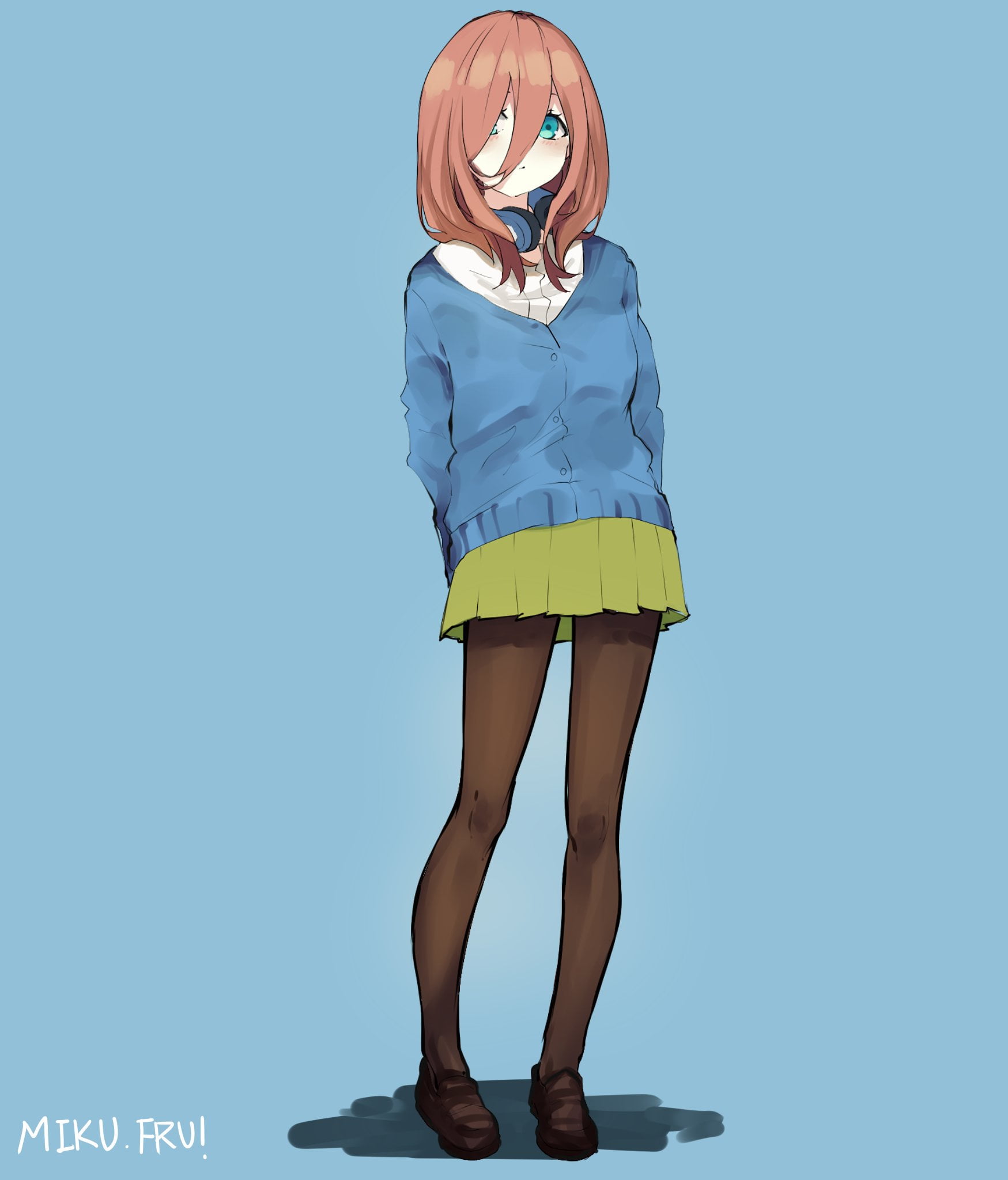 cardigan, thigh-highs, blue eyes, fan art, Nakano Miku, 1080P, 2D, 5-toubun no Hanayome, simple background, digital art, school uniform, long hair, anime girls, Phone HD Wallpaper