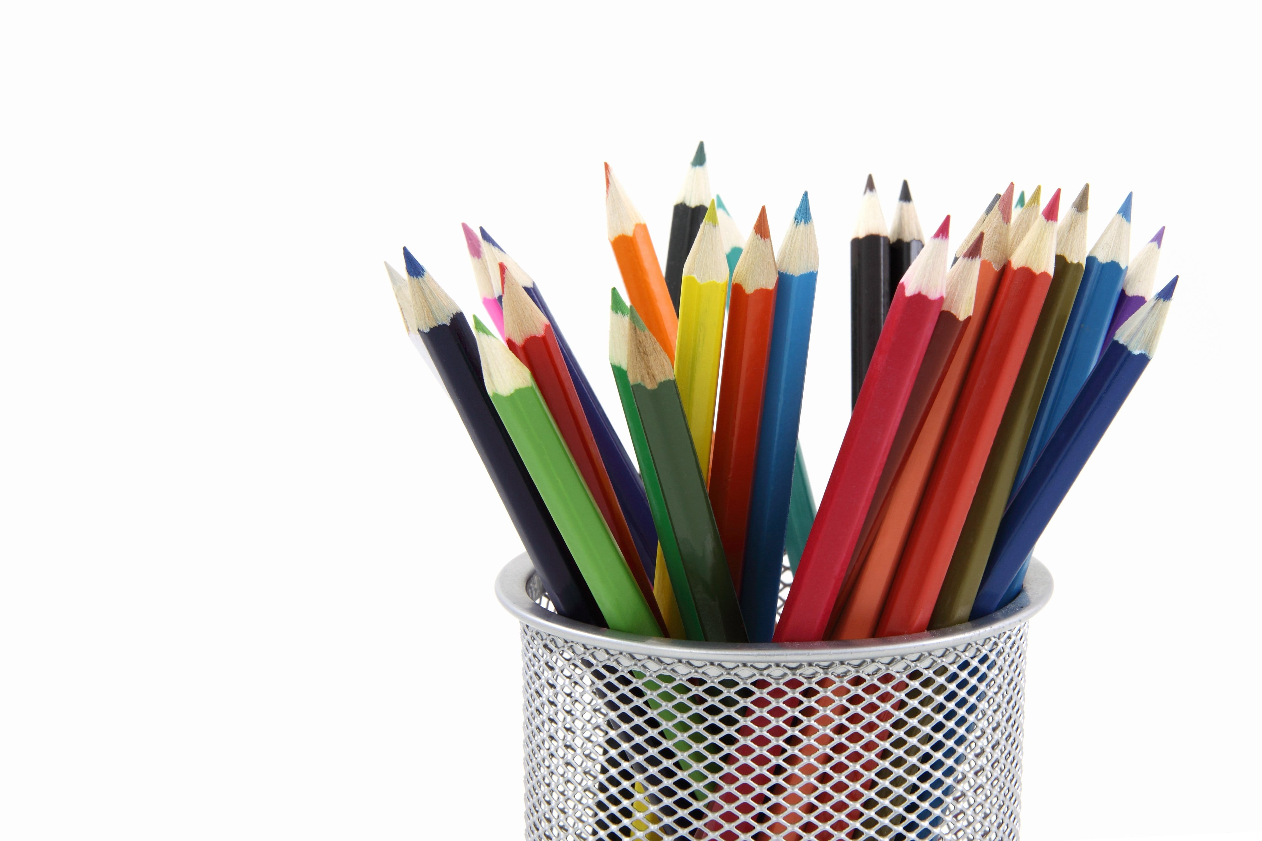 equipment, art and craft equipment, choice, colors, abundance, indoors, education, rack, color pencils, pencil, isolated, 4K, white, metal, desk organizer, HD Wallpaper