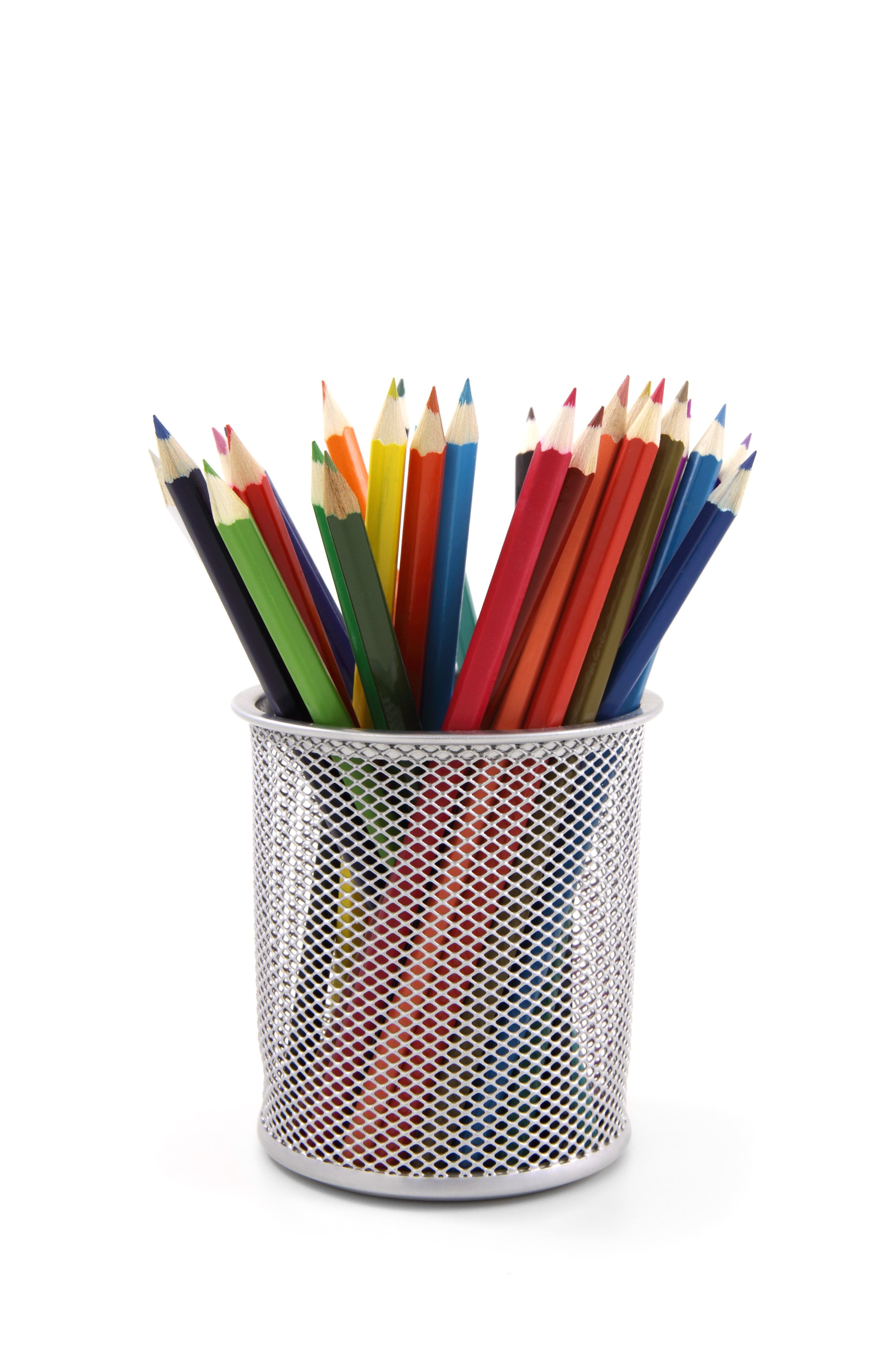 art and craft equipment, pencil drawing, studio shot, container, multi colored, gray, metal, mesh, no people, tips, cut out, writing instrument, 4K, desk organizer, Phone HD Wallpaper