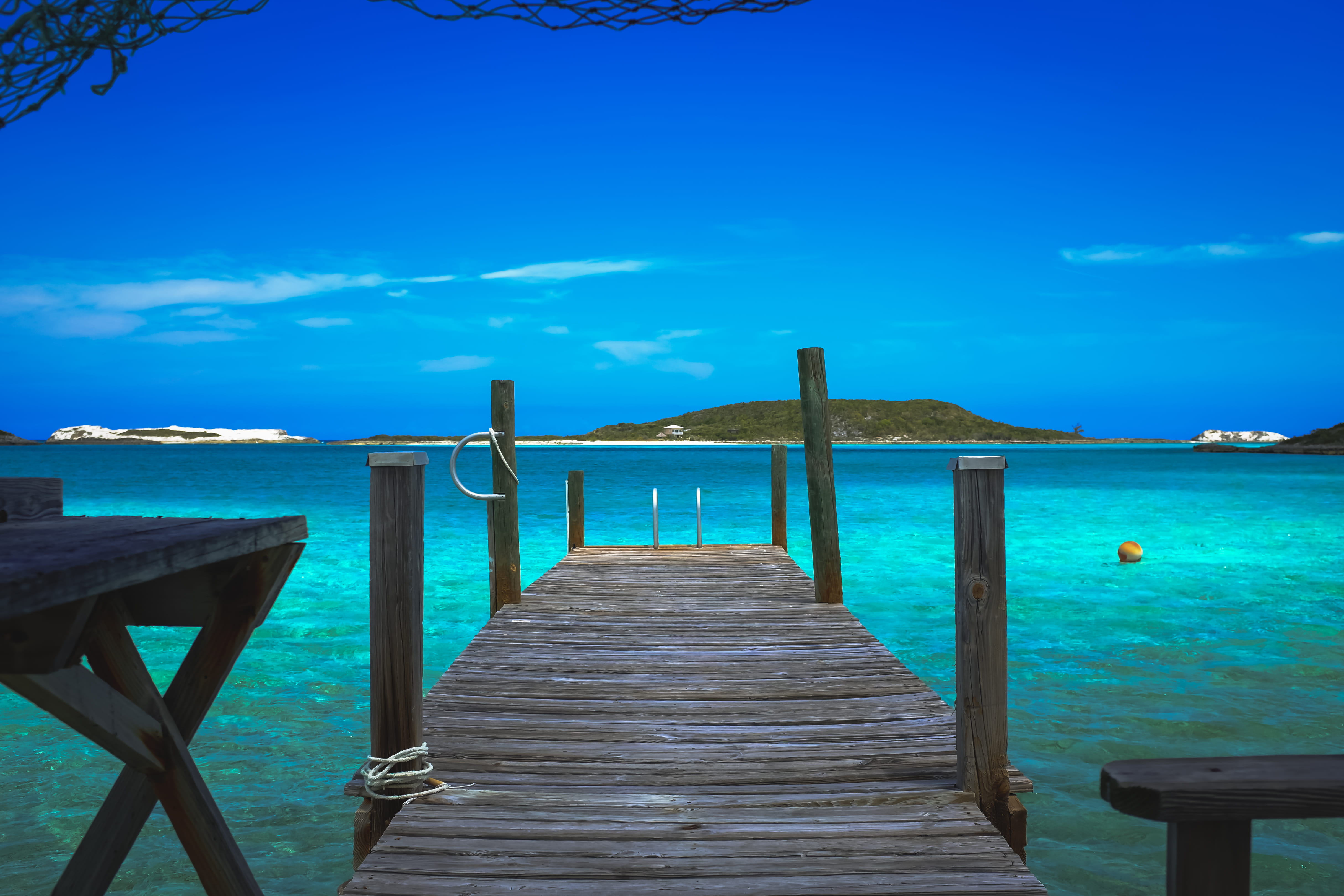 beauty in nature, tranquil scene, architecture, long, diminishing perspective, cloud - sky, water, sky, 4K, railing, blue, sea, wood - material, staniel cay, HD Wallpaper