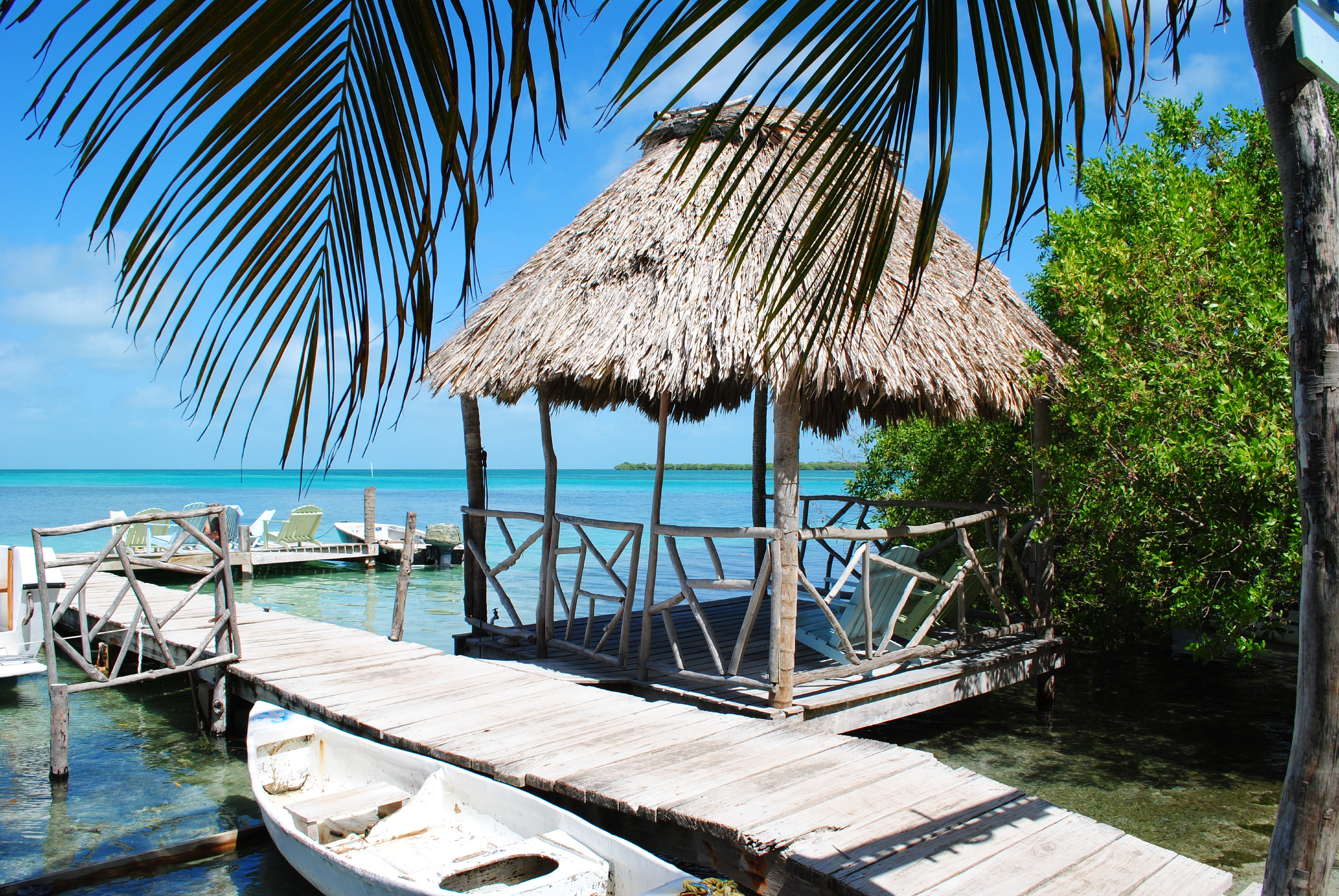 beauty in nature, sea, cay caulker, plant, thatched roof, central america, roof, horizon over water, palm leaf, tranquil scene, tree, island, tropical climate, HD Wallpaper