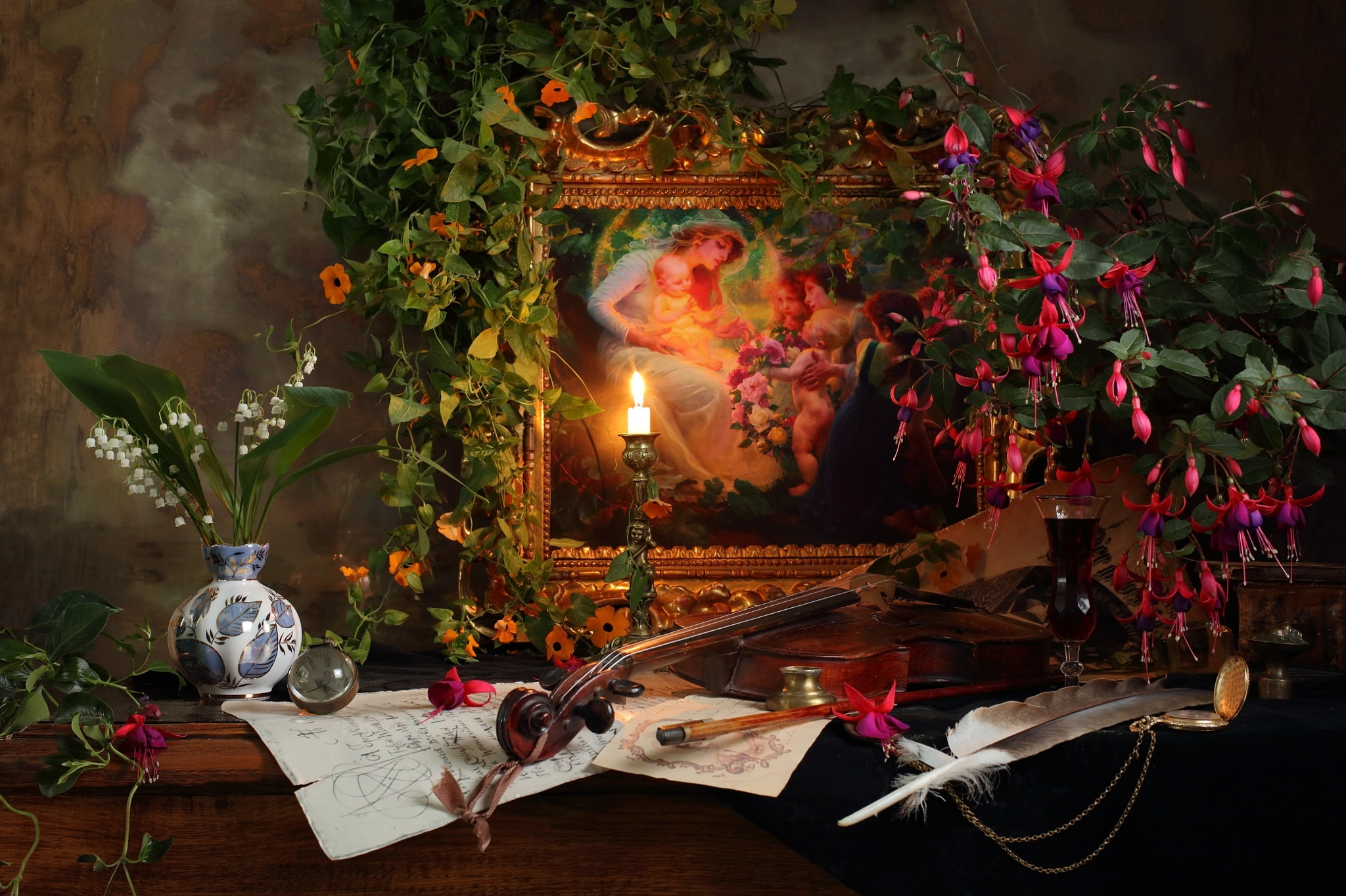 pen, violin, Andrey Morozov, still life, glass, 1080P, vase, drink, fuchsia, flowers, picture, lilies of the valley, eel, candle, HD Wallpaper