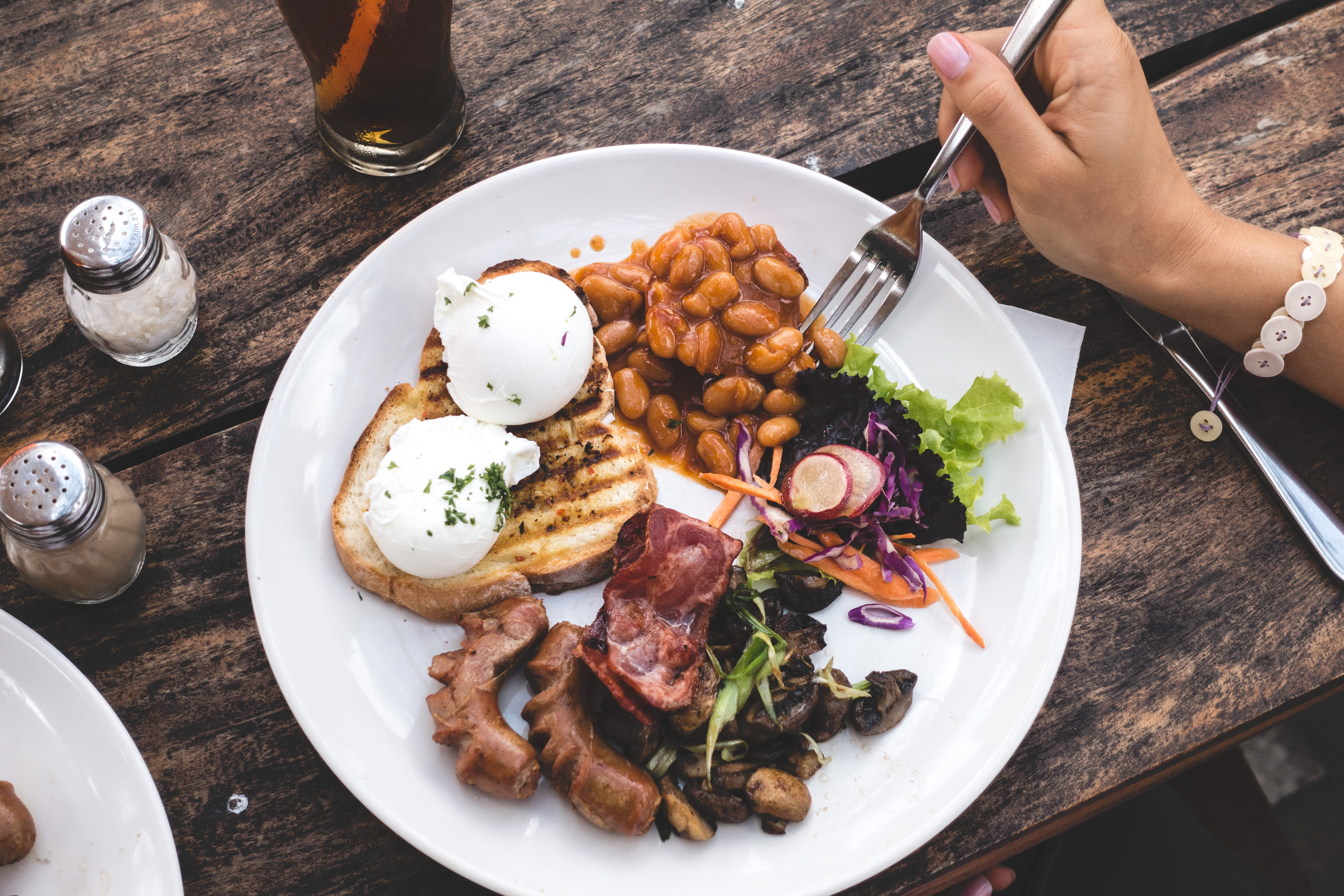 bacon, ready-to-eat, high, high angle view, vegetable, top view, café, human body part, food and drink, table, table knife, indoors, meat, protein, poached eggs, HD Wallpaper