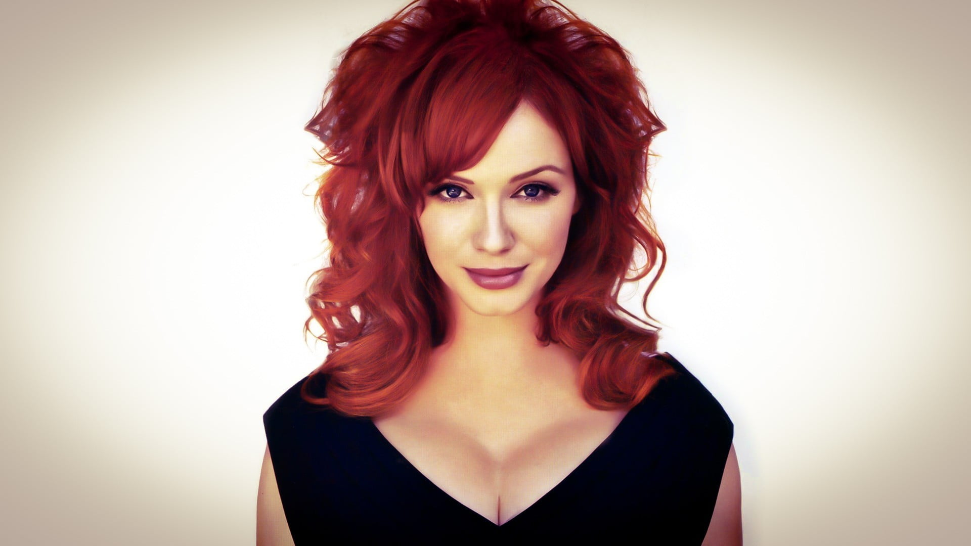 s, portrait, looking at camera, indoors, women, actress, fashion, dyed hair, human hair, front view, Christina Hendricks, 1080P, neck, simple background, HD Wallpaper