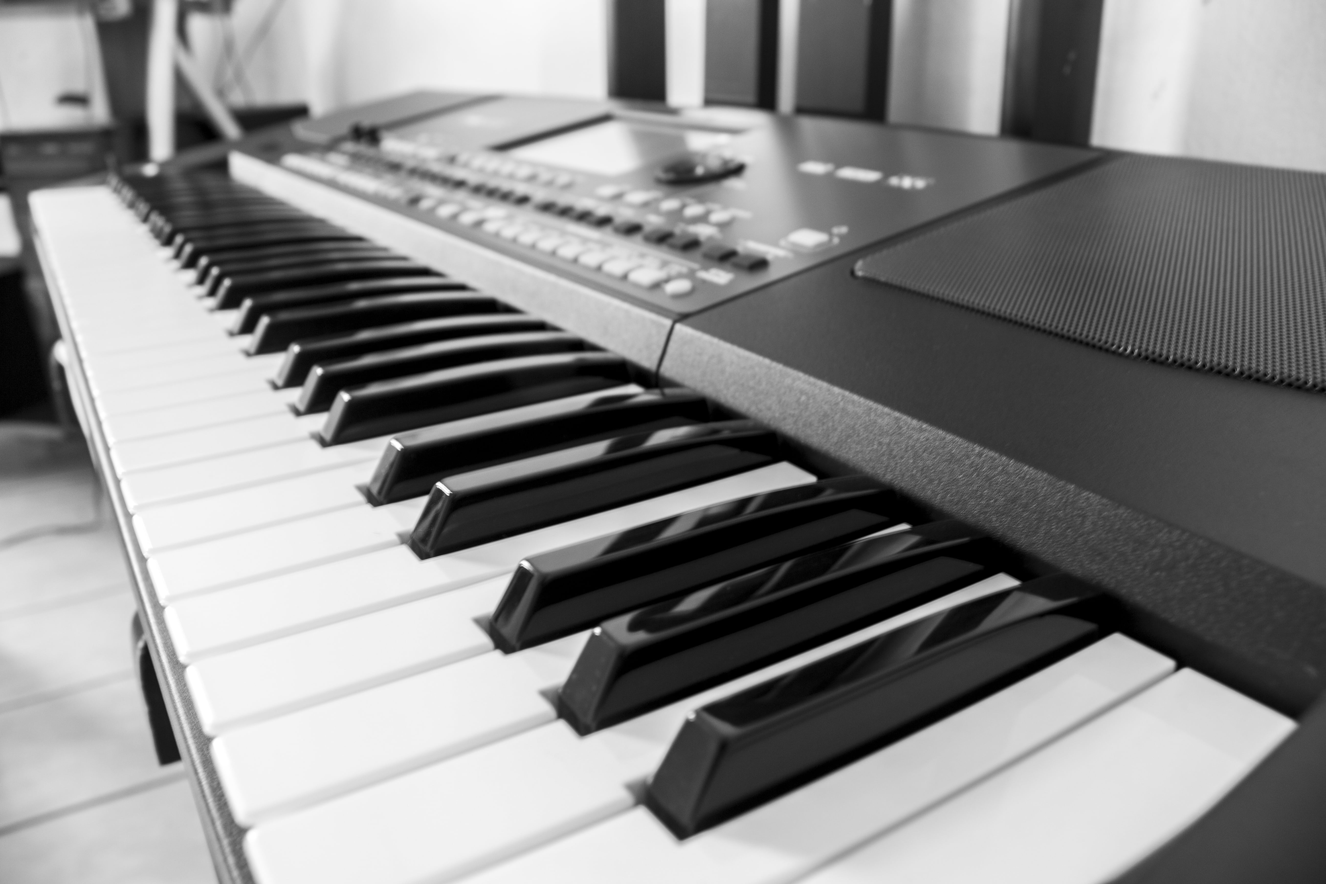 music, arranger, arts culture and entertainment, keyboard, instrument, performance, indoors, black color, sound, piano, playing, 5K, black and white, selective focus, HD Wallpaper