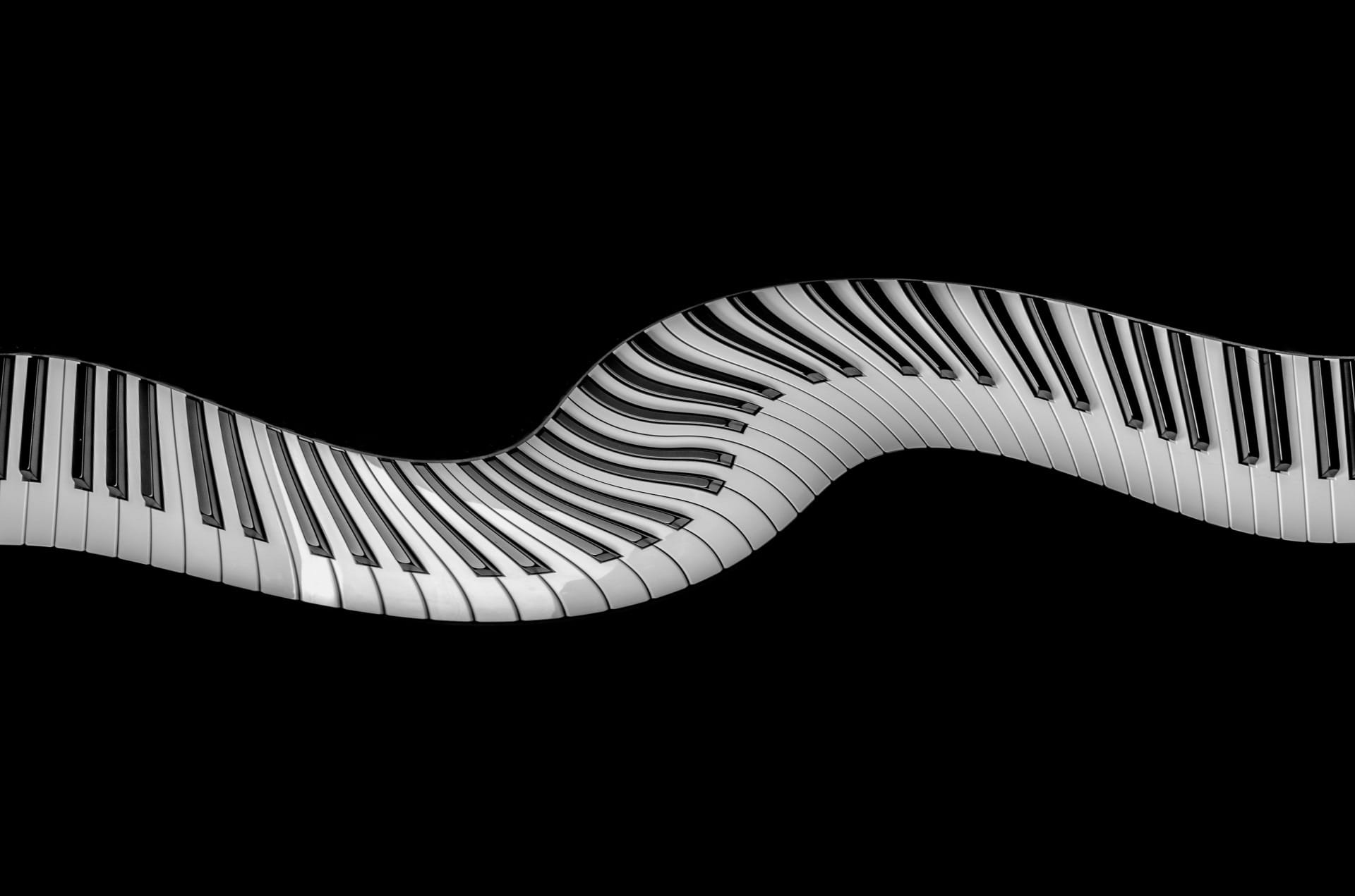 spiral, hand, music, black, Piano, dark, creativity, instrument, black background, railing, indoors, keyboard, modern, people, pattern, Pianist, 1080P, HD Wallpaper