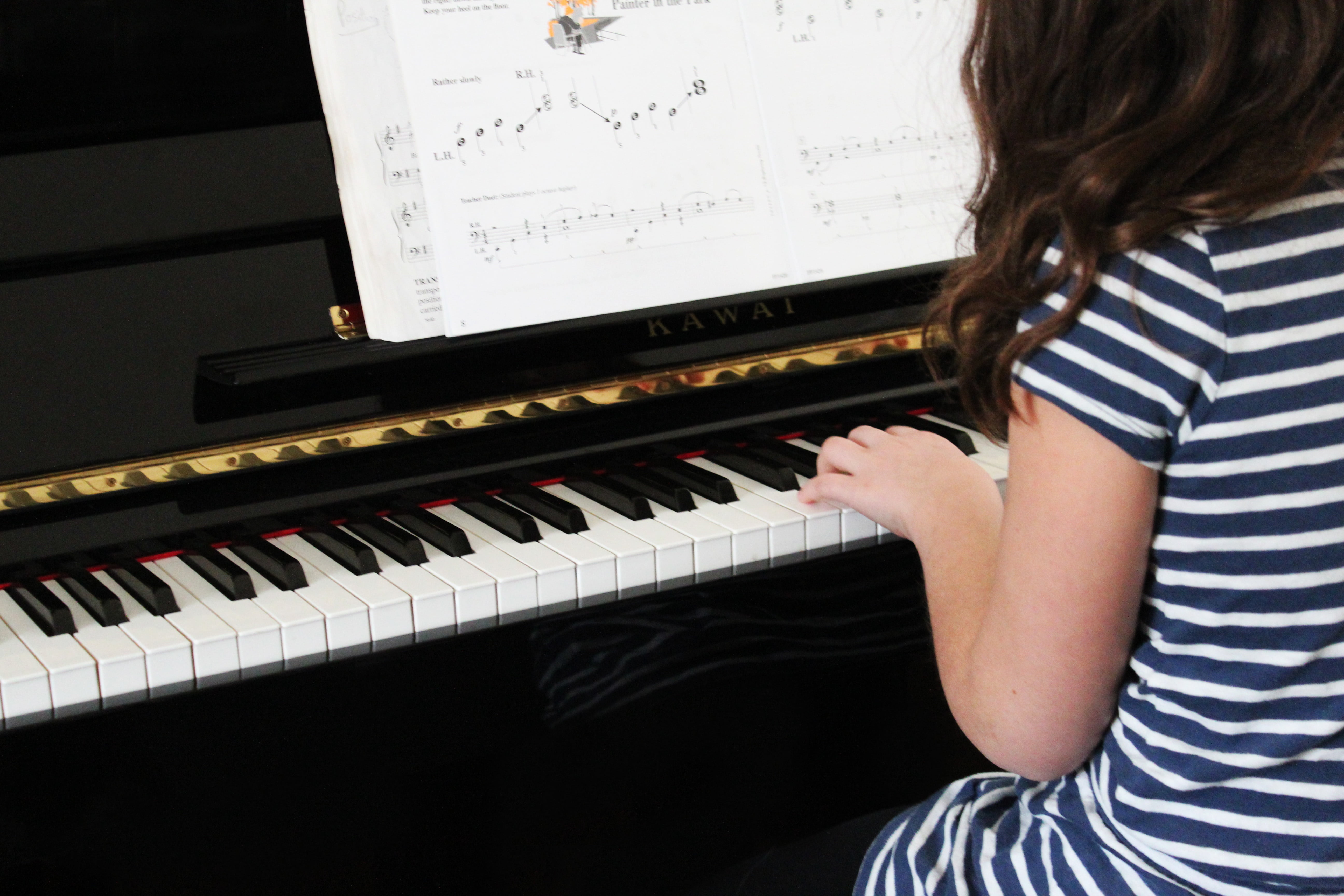 keyboard, dress, grand, hairstyle, young, 5K, skill, instrument, portrait, wearing, talent, black, striped, piano key, melody, piano, lessons, sheet, white, HD Wallpaper