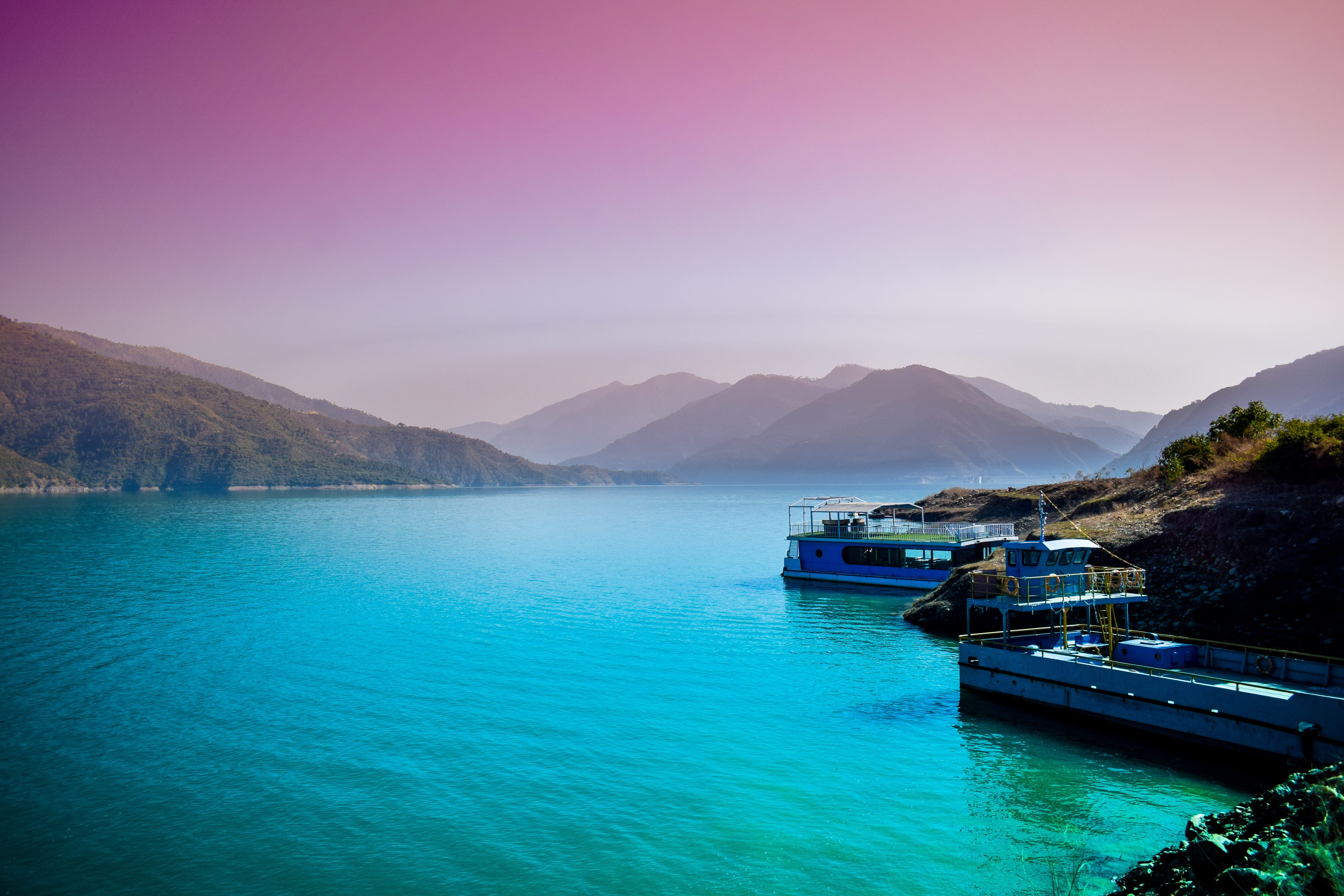blue, mountain, india, transportation, peace, lake, mode of transportation, colors, no people, travel destinations, turquoise colored, 5K, beautiful, sea, HD Wallpaper