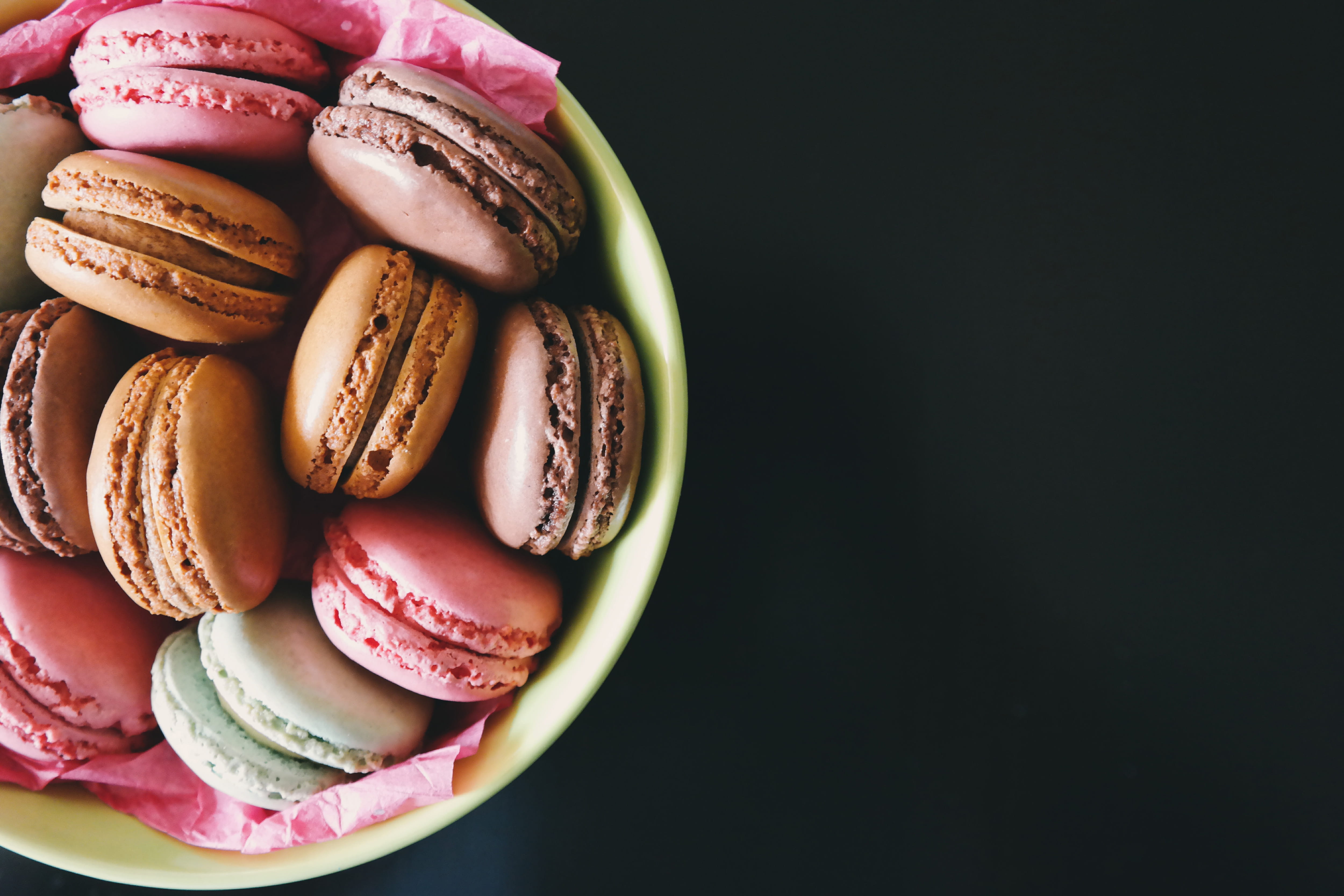 Macarons, chocolate, indulgence, variation, no people, dessert, indoors, french food, food and drink, choice, snack, macaroon, still life, black background, HD Wallpaper