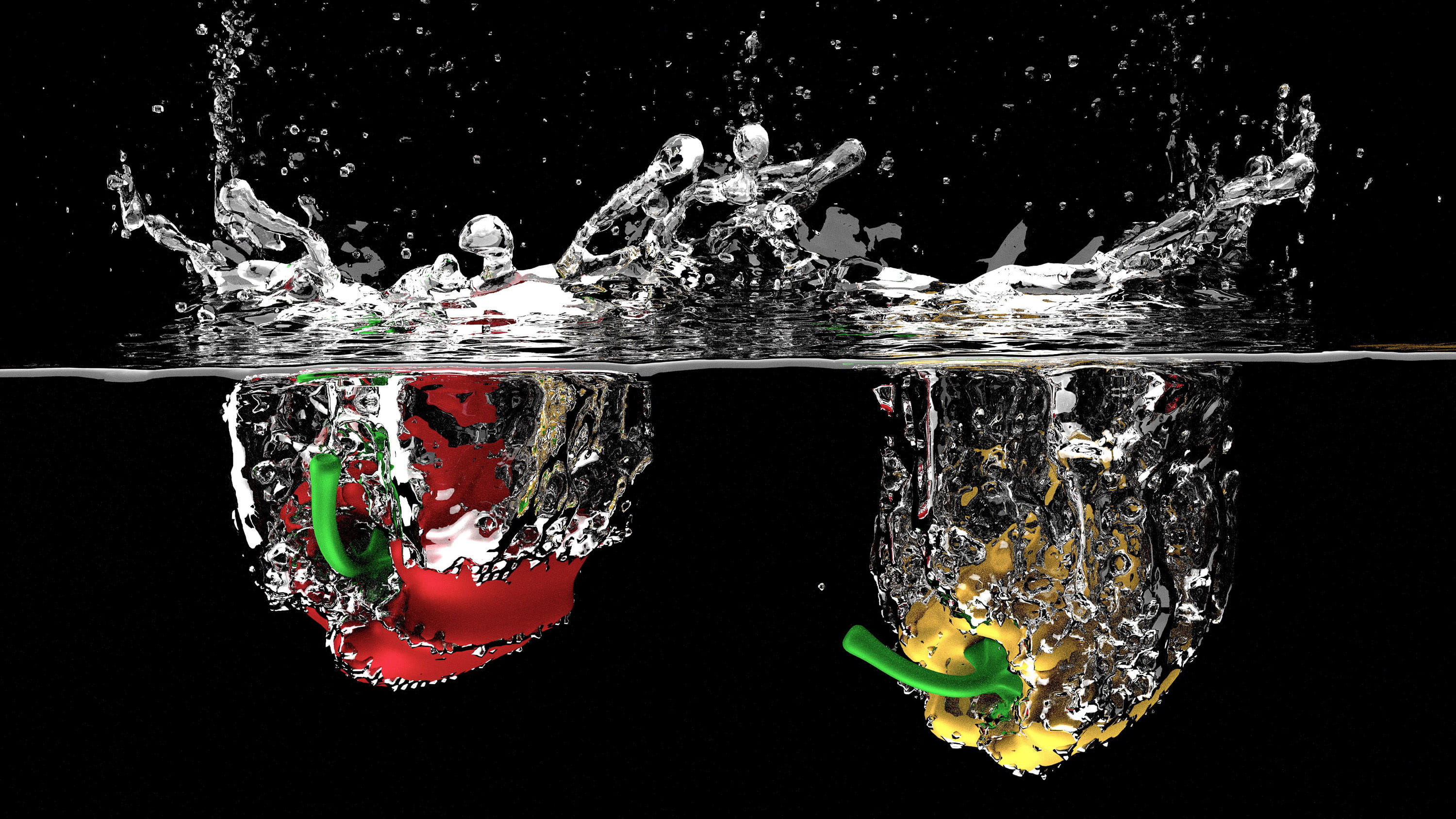 submerge, water, food, black background, food and drink, purity, nature, Red, sinking, veg, clear, close-up, turbulent, two, bubble, no people, 2K, motion, HD Wallpaper