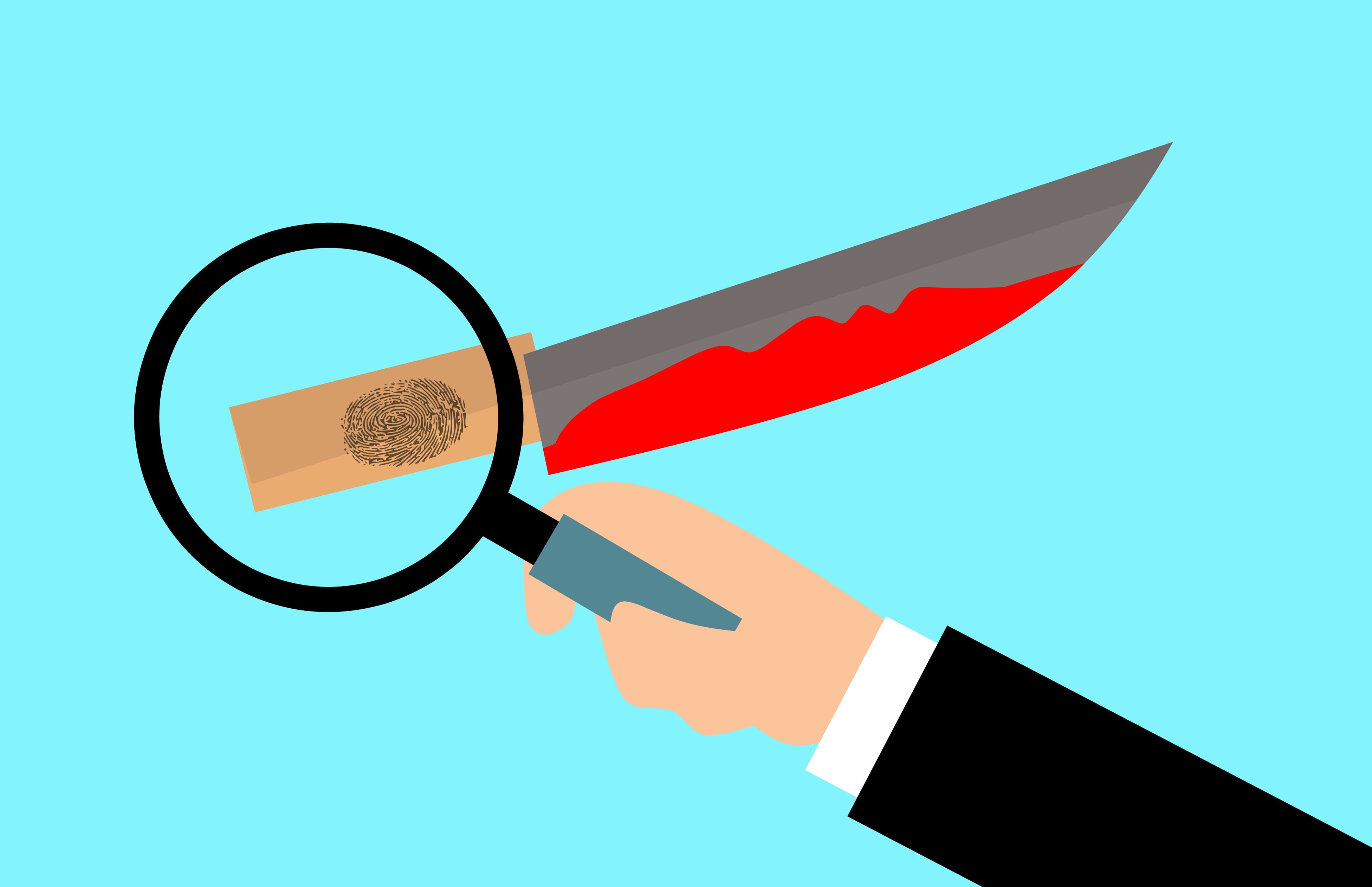 colored background, healthcare and medicine, 4K, fingerprint, blue, hurt, criminal, looking, detective, red, scene, blade, glasses, blue background, examination, HD Wallpaper