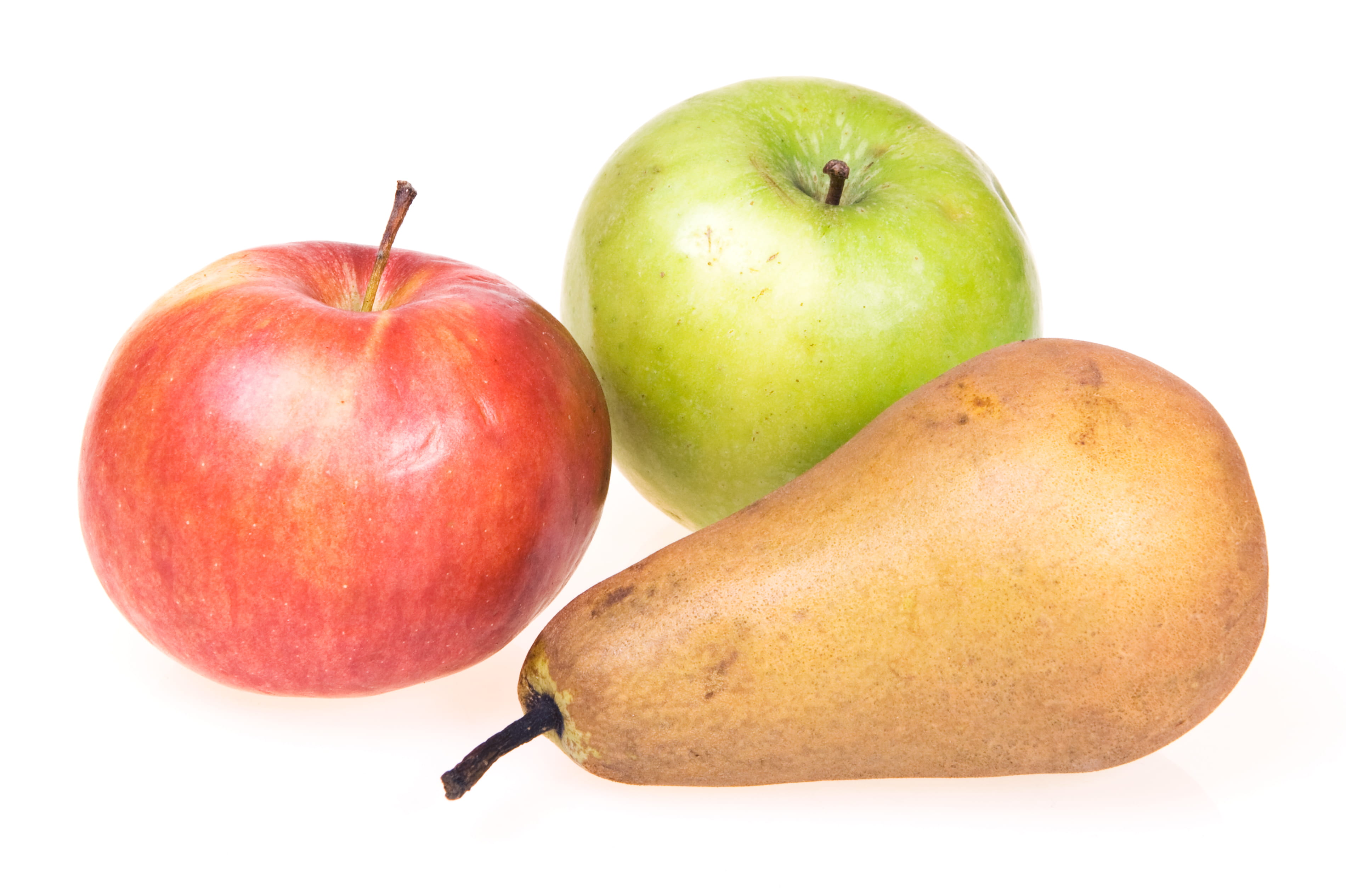 vitamin, green color, white background, pear, dieting, food, isolated, plant stem, group of objects, apple - fruit, granny smith apple, cut out, 2K, fruit, HD Wallpaper