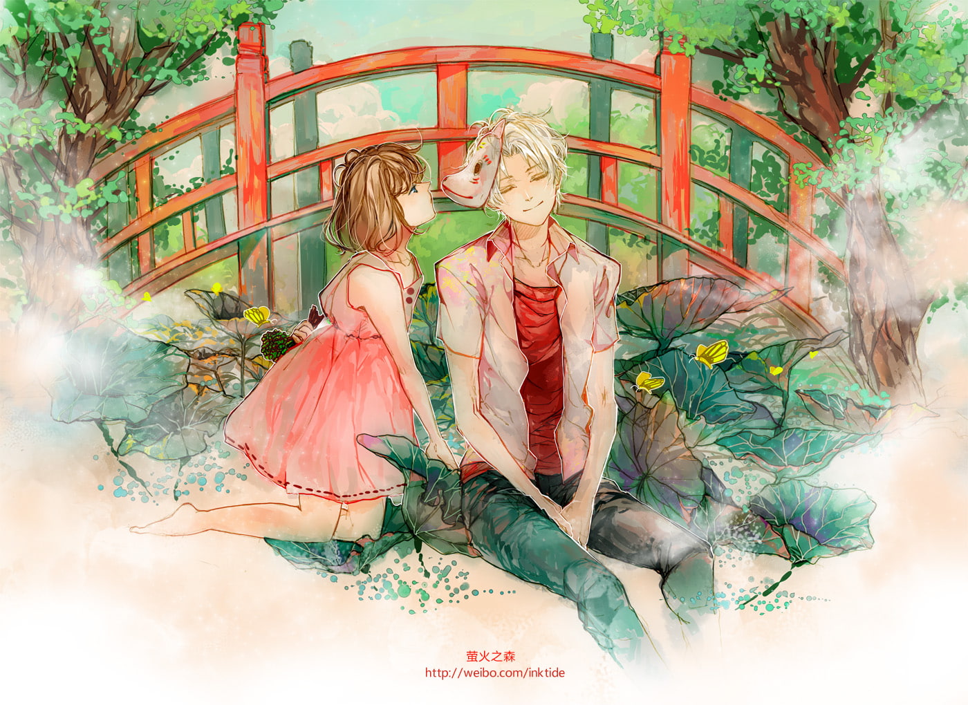 Hotarubi no Mori e, sitting, hairstyle, bridge, people, females, two people, Takegawa Hotaru, young adult, anime girls, bonding, adult, plant, blond hair, HD Wallpaper