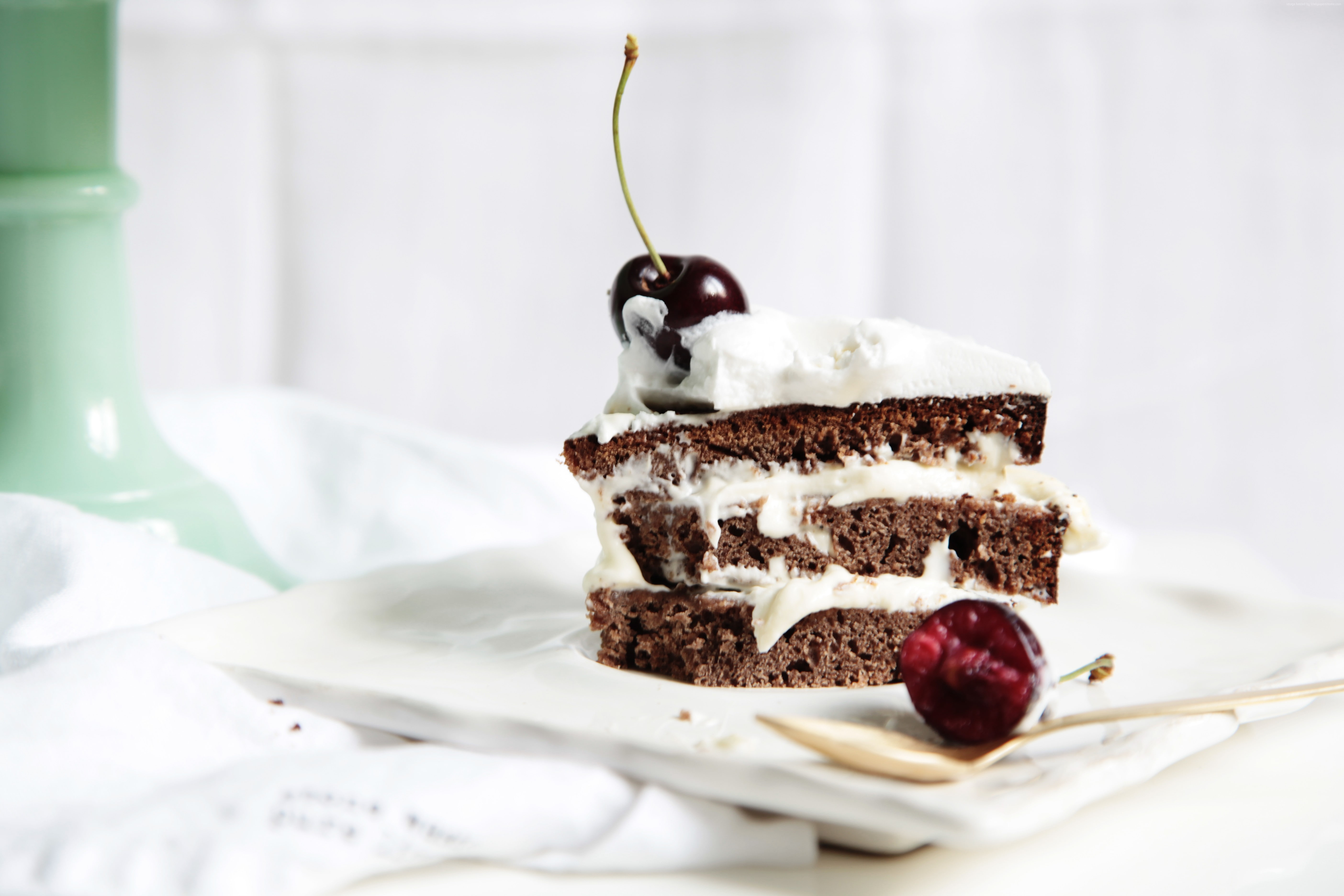 rum, cake, cream, sponge cake, 5K, cherry, HD Wallpaper
