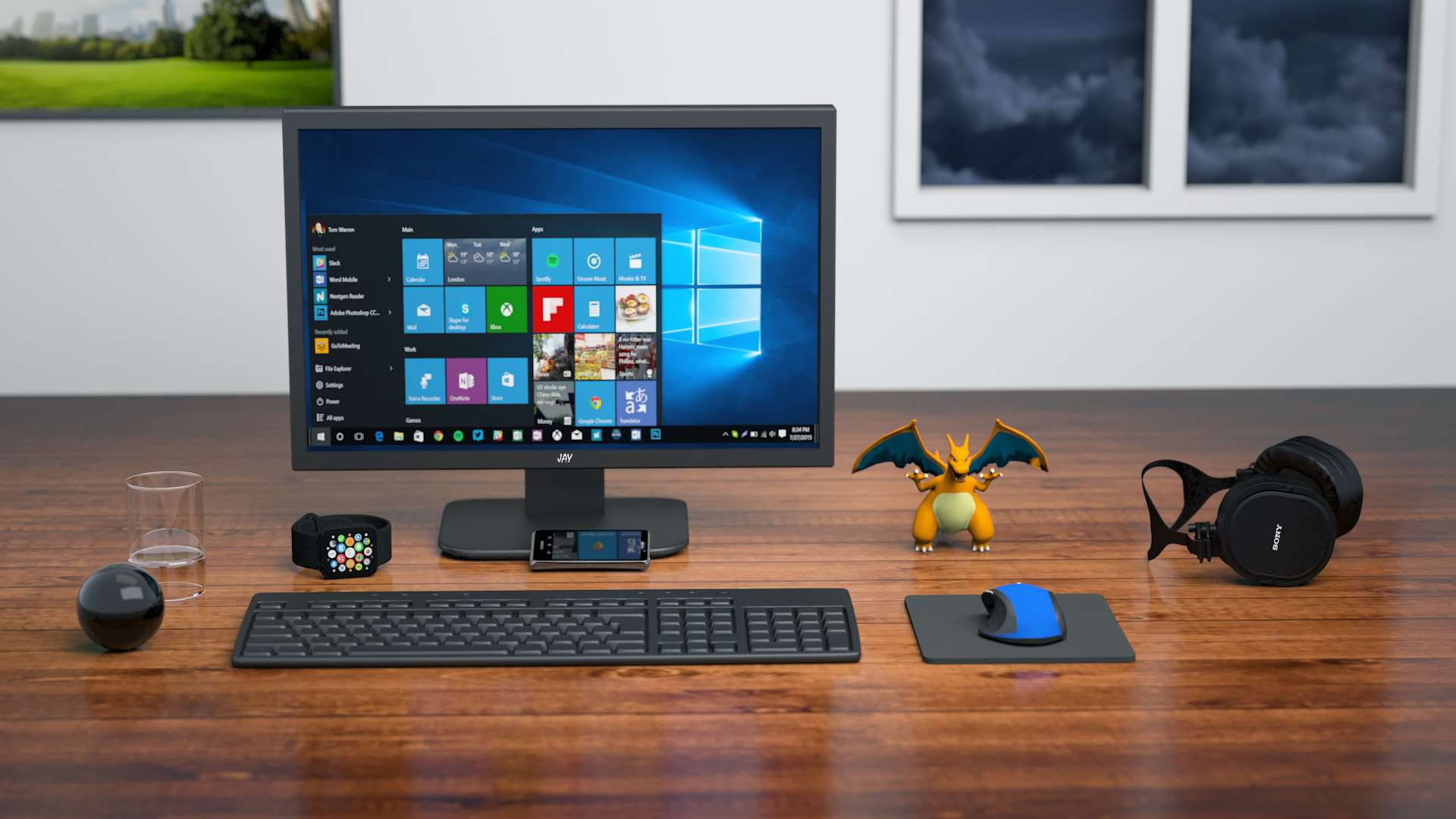 desk, indoors, computer monitor, keyboard, wireless technology, desktop pc, mobile phone, computer, pc, computer equipment, cellphone, organized, connection, HD Wallpaper