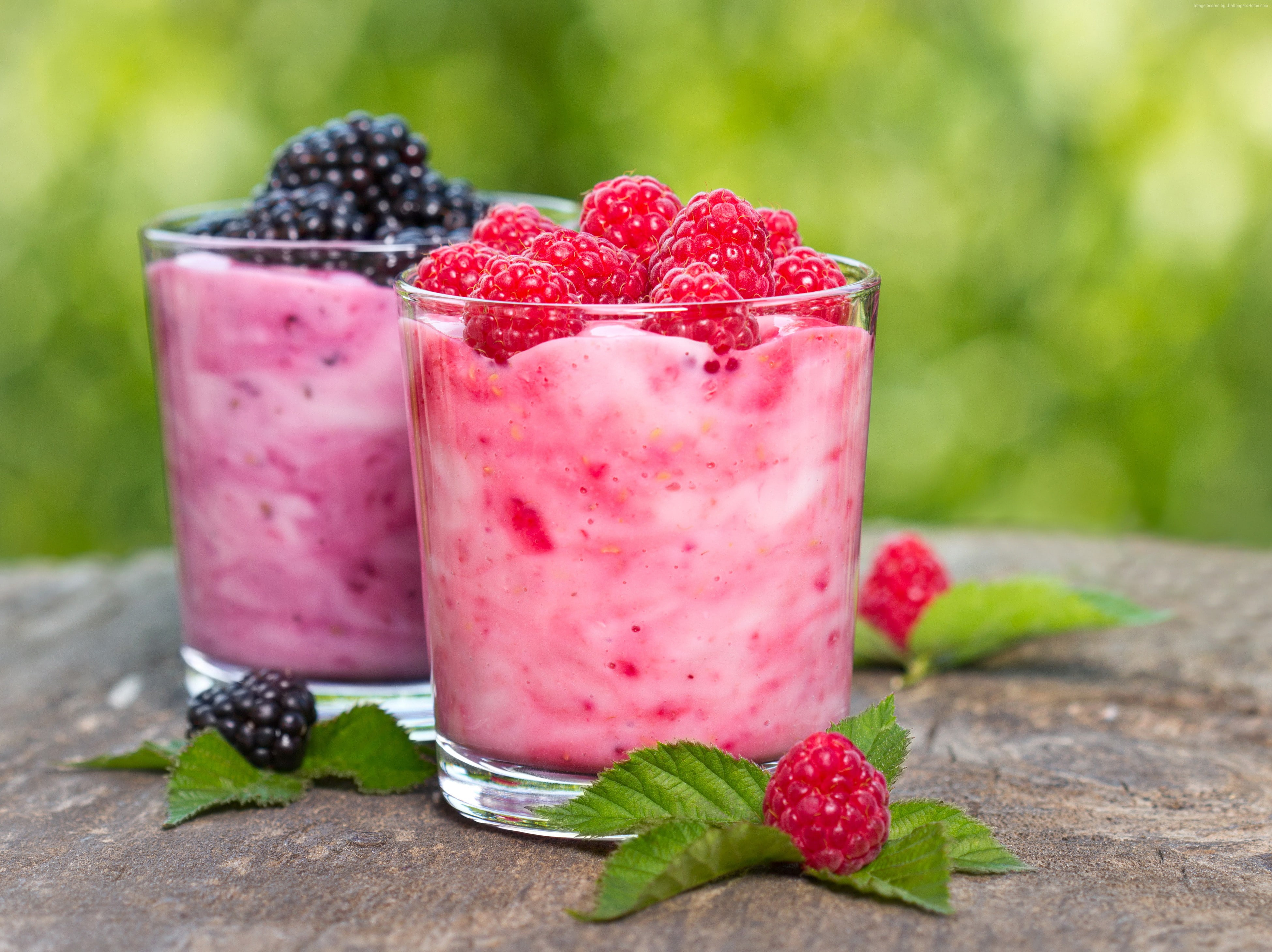 raspberries, fruit, mint, blackberries, 4K, smoothies, HD Wallpaper